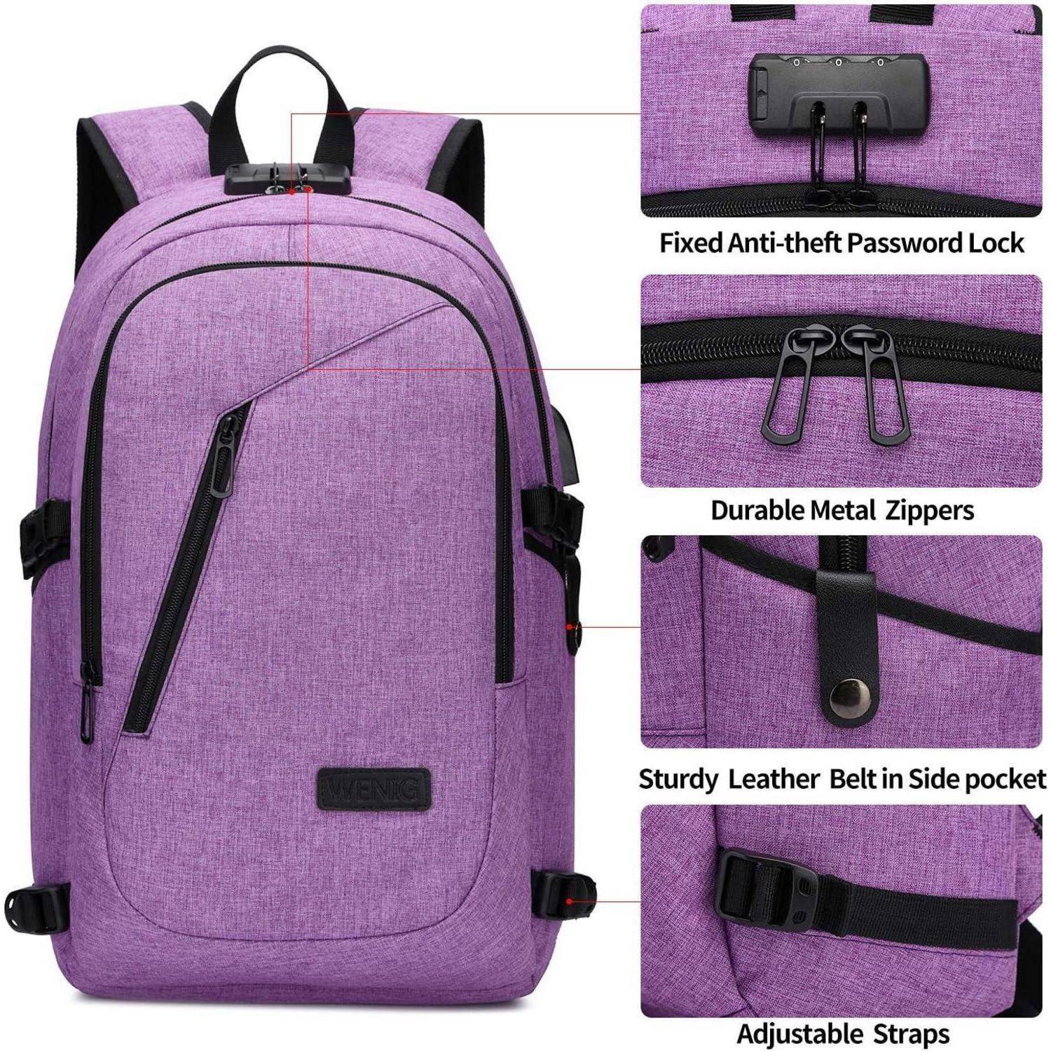 Lila Rucksack mit Diebstahlschutz-Zahlenschloss, strapazierfähigen Metallreißverschlüssen, robustem Ledergürtel in der Seitentasche und verstellbaren Trägern.