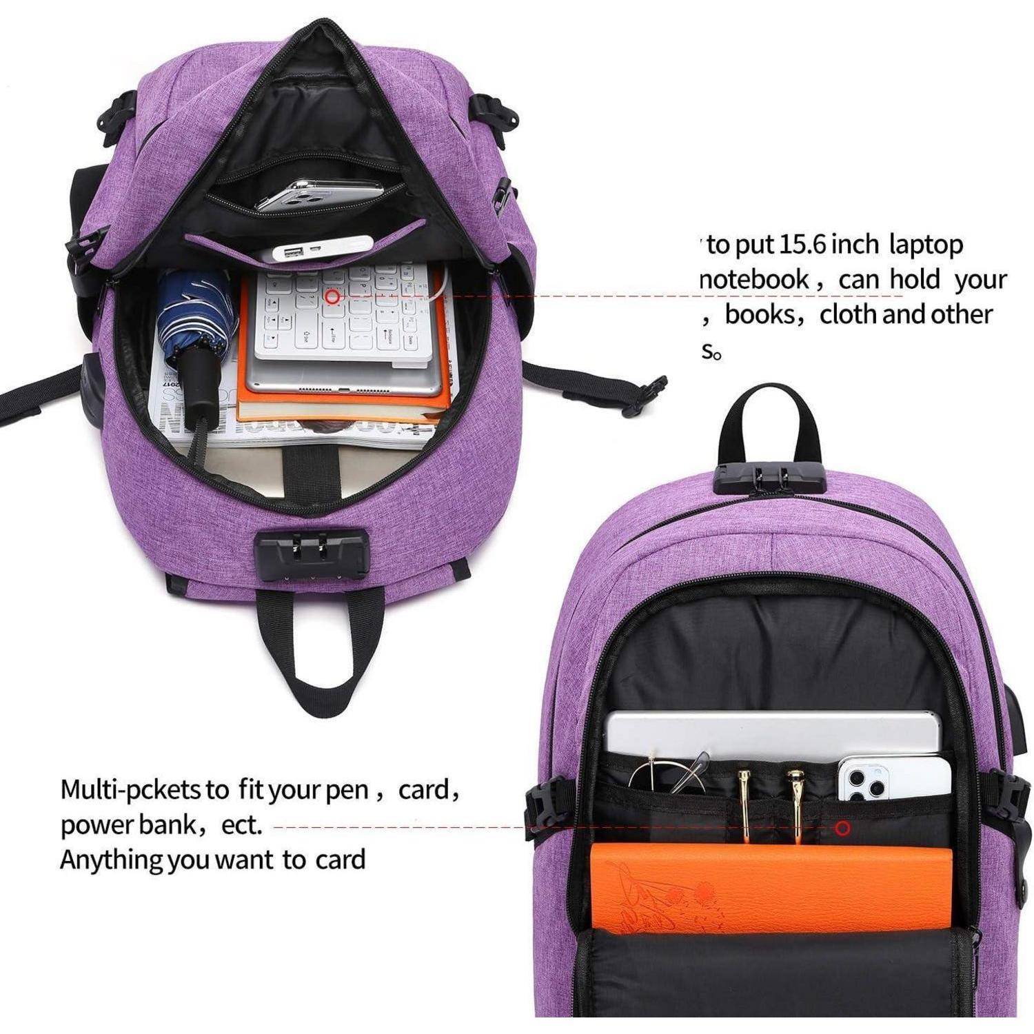 Rucksack mit mehreren Fächern: Vorderfach beinhaltet Handy, Kopfhörer; Hauptfach enthält Laptop, Bücher und Taschenrechner. Text hebt Aufbewahrungsdetails hervor.