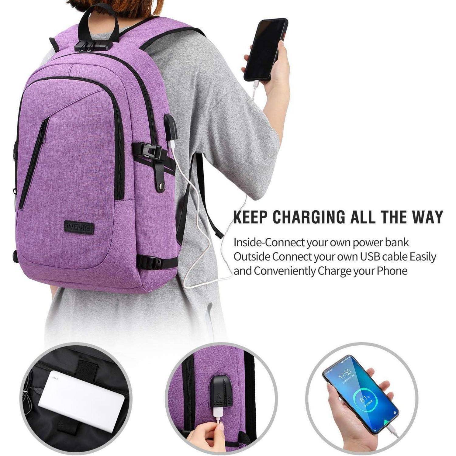 Person, die einen lila Rucksack trägt, mit einem Ladekabel, das mit einem Handy verbunden ist. Textliche Hervorhebung der USB-Ladefunktion in der Tasche für Handys.