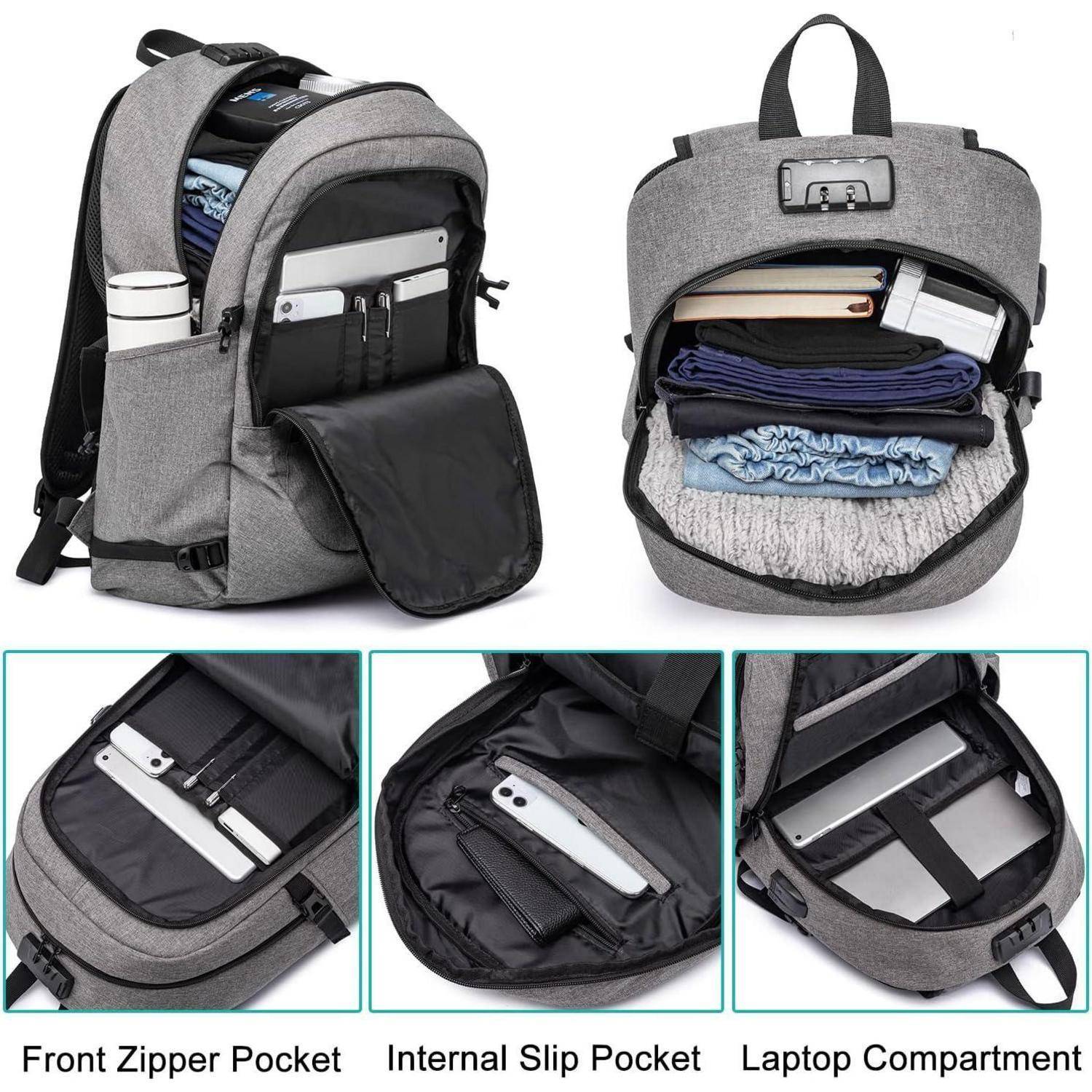 Ein grauer Rucksack mit mehreren Fächern: Reißverschlusstasche mit Ladegerät, Innenfach zum Einstecken und ein detailliert dargestelltes Laptopfach.