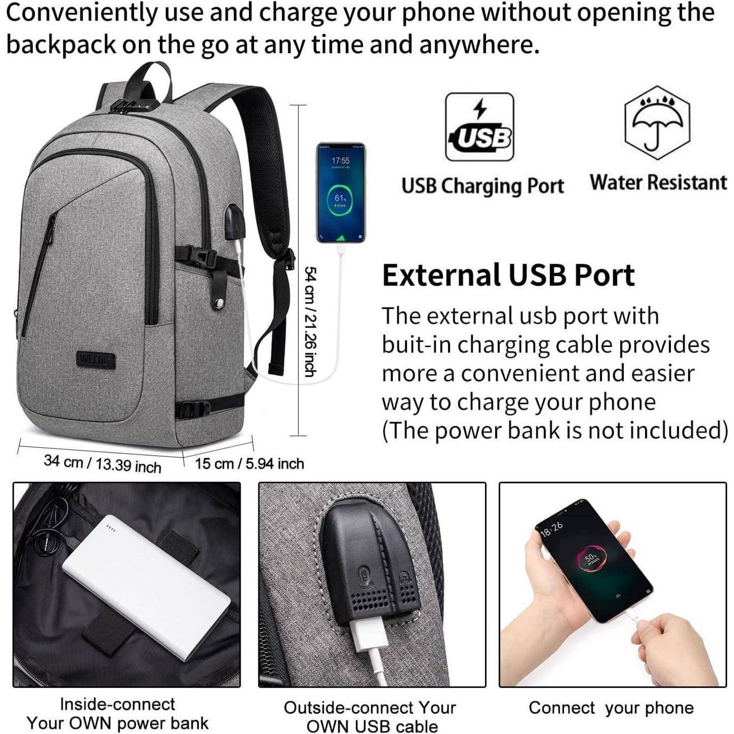 Wandelrucksack mit USB-Ladeanschluss. Abmessungen: 34cm x 13cm x 54cm. Verfügt über Wasserresistenz. Powerbank nicht im Lieferumfang enthalten.