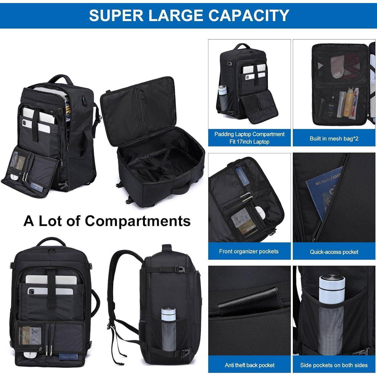 Ein schwarzer Rucksack mit ‚super großem Fassungsvermögen' bietet mehrere Fächer, einen Laptopfach für 17-Zoll-Laptops, Organisationstaschen, Netztaschen und eine diebstahlsichere Tasche.