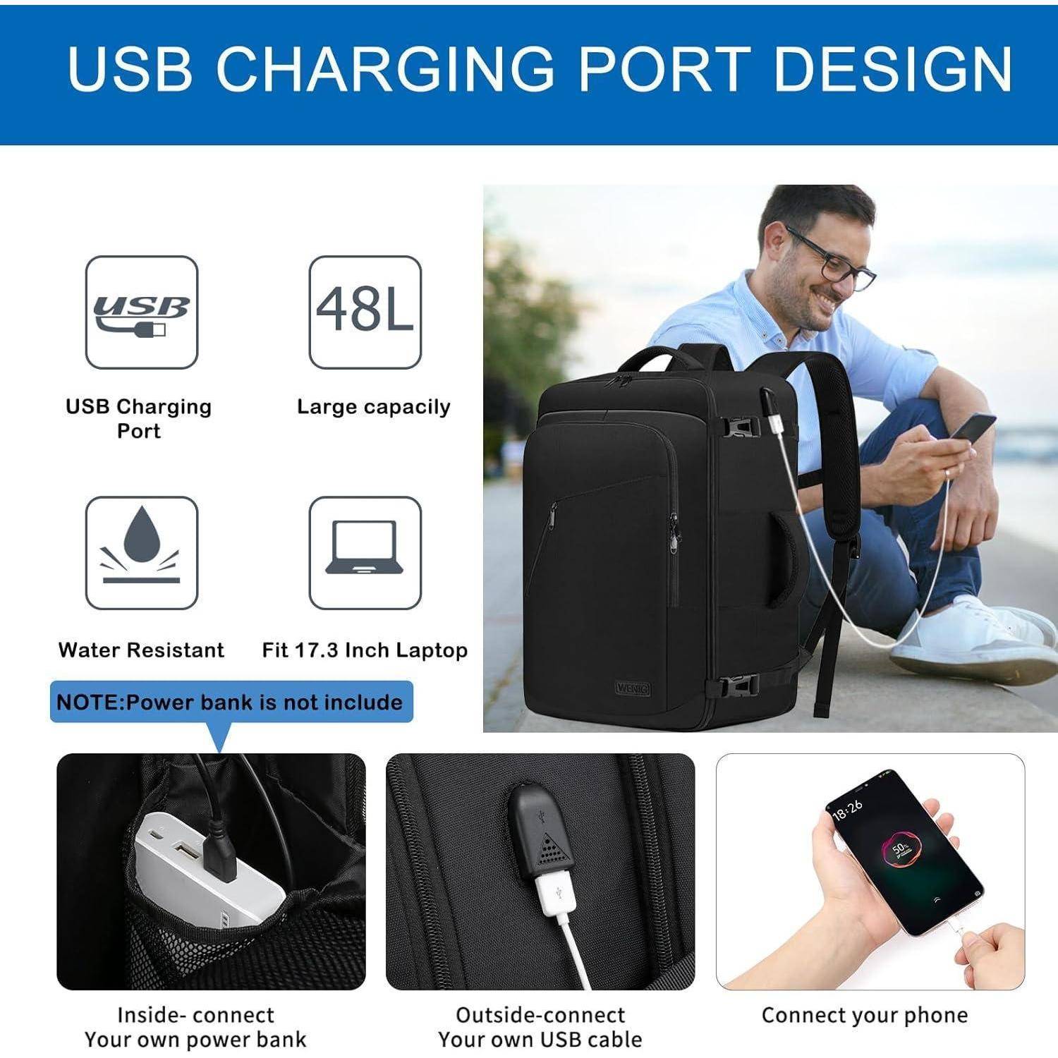 Rucksack 55x35x25 Handgepäck Laptop USB Schwarz Xl 55 x 35 x 25cm 48L