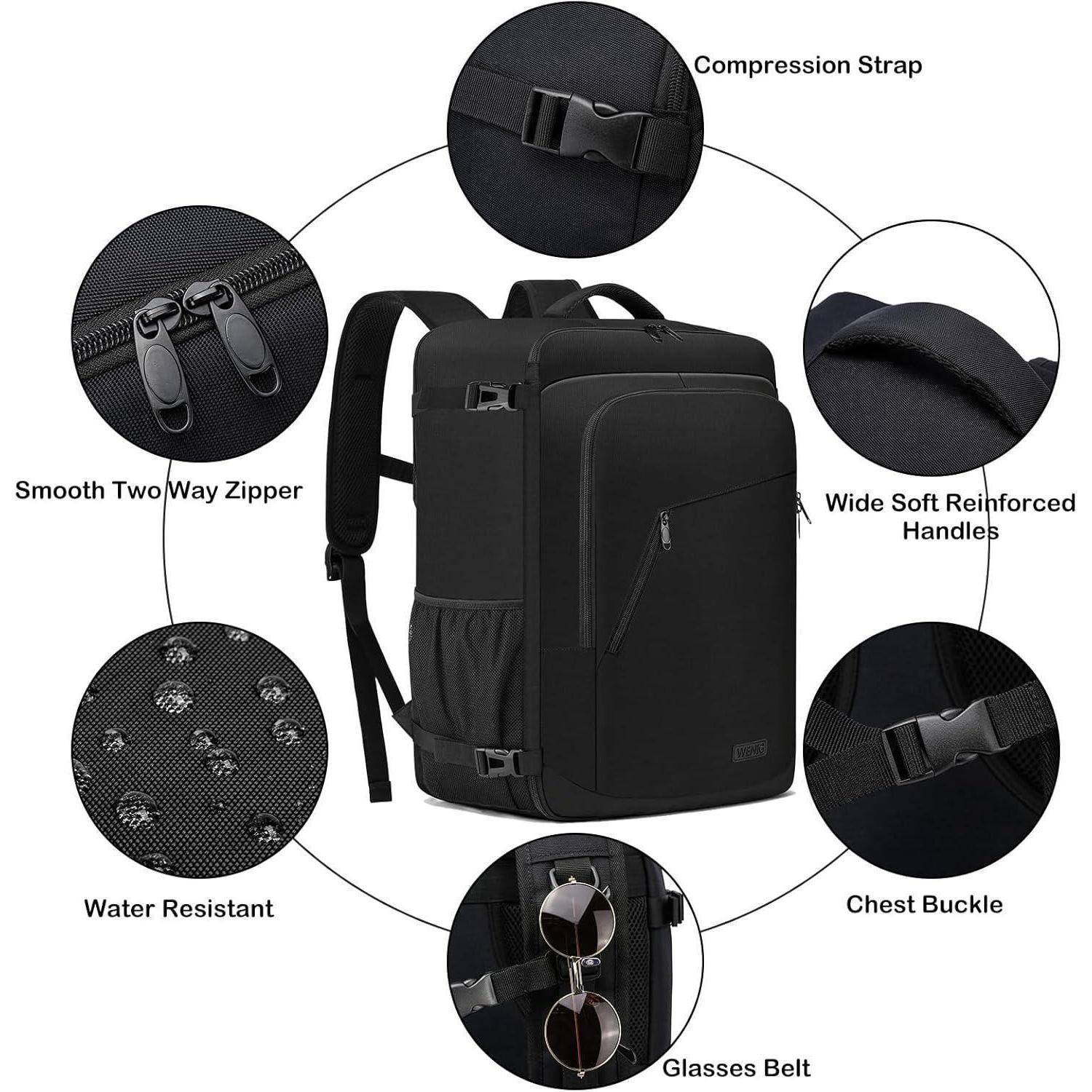 Schwarzer Rucksack mit folgenden Eigenschaften: Kompressionsriemen, breite gepolsterte verstärkte Griffe, Brustschnalle, Brillengurt, Wasserresistenz, gleitender Zweiwege-Reißverschluss.