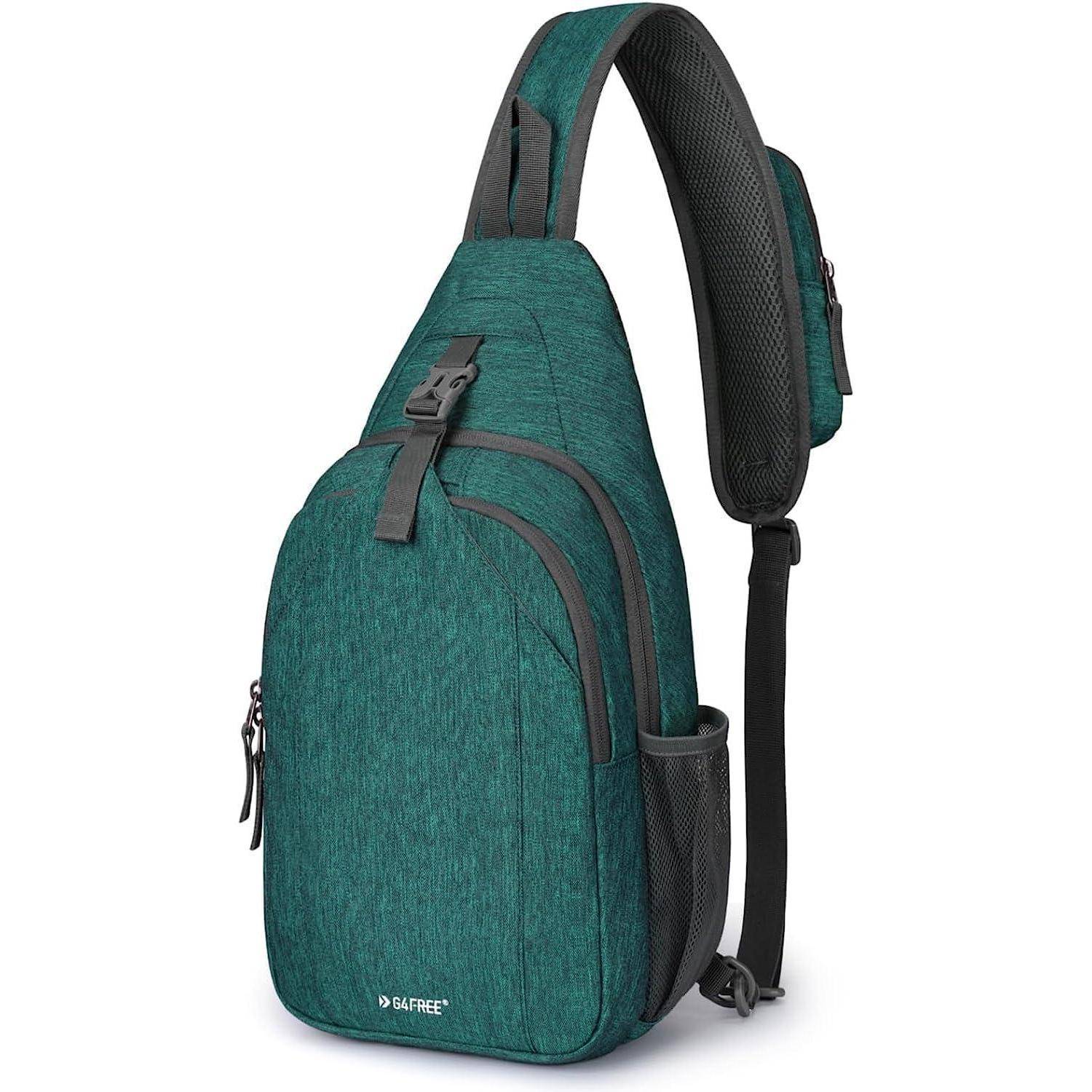 Grüne Crossbody-Umhängetasche mit mehreren Reißverschlusstaschen und verstellbarem Riemen, geeignet für Reisen und den täglichen Gebrauch.