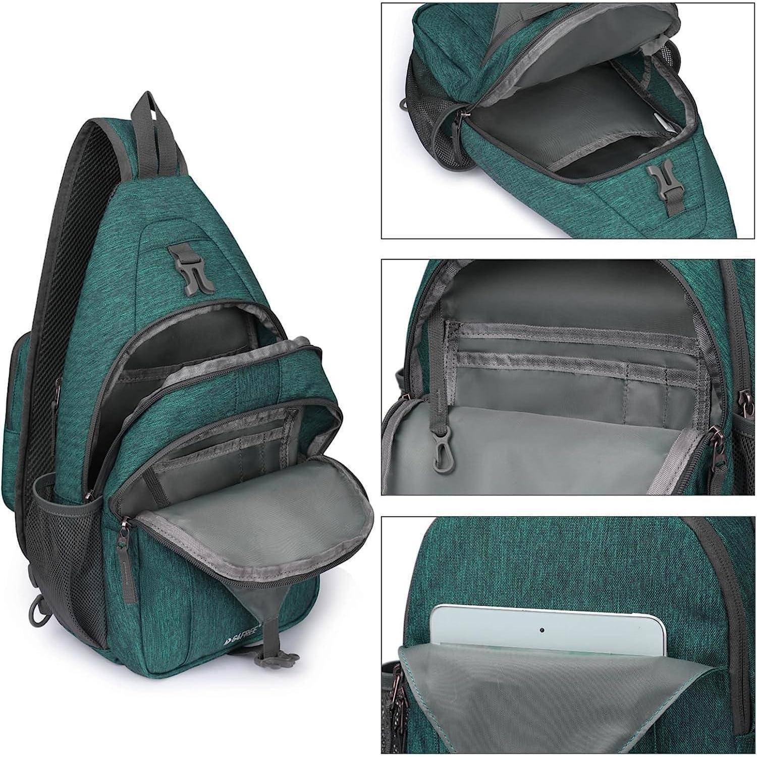 Grüner Schleuderrucksack mit mehreren Fächern, geöffnet und mit Blick auf Stauraum, Taschen und einen Tablehalter.