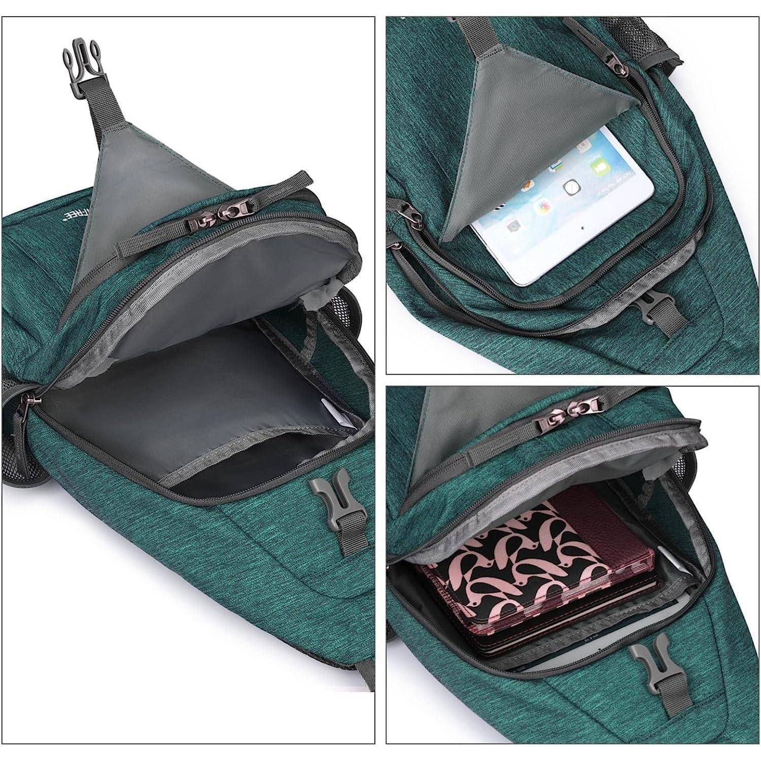 Grüner Rucksack mit zwei Fächern, geöffnet dargestellt. Das größere Fach ist leer, und das kleinere enthält ein Tablet und ein Notizbuch.