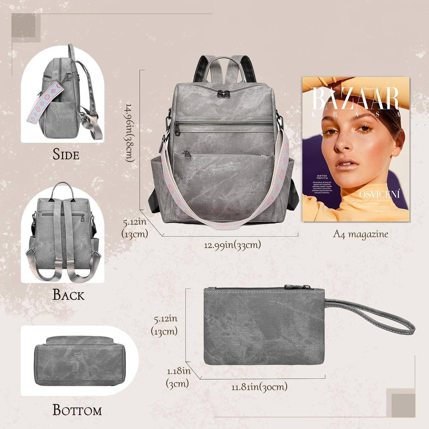 Grauer Rucksack mit Abmessungen (12,99 Zoll x 5,12 Zoll x 12,99 Zoll) und passender Tasche. Ein Standard-A4-Magazin wird zur Größenreferenz gezeigt.