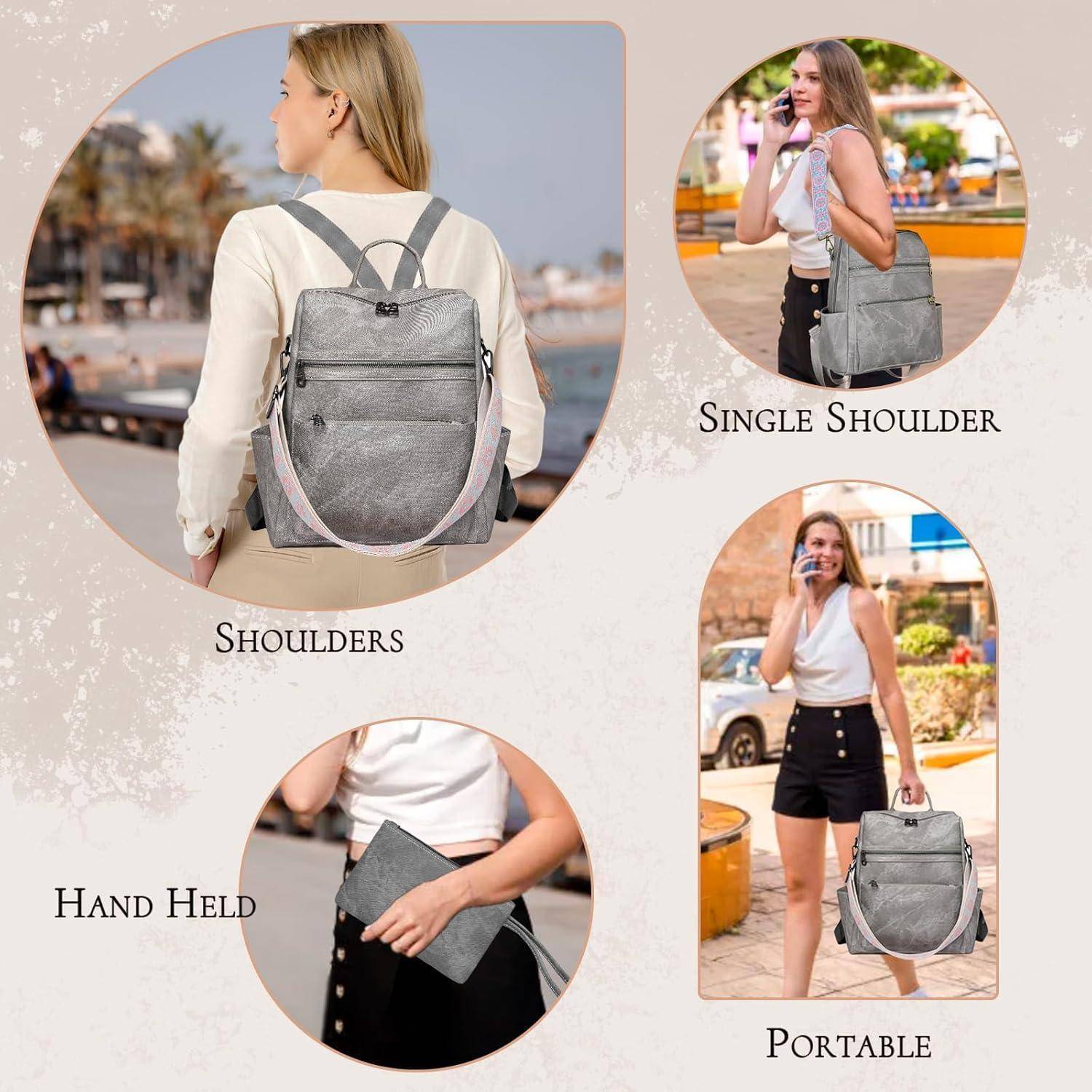 Eine Frau demonstriert einen vielseitigen Rucksack, der auf drei verschiedene Arten getragen werden kann: auf beiden Schultern, auf einer Schulter und in der Hand.