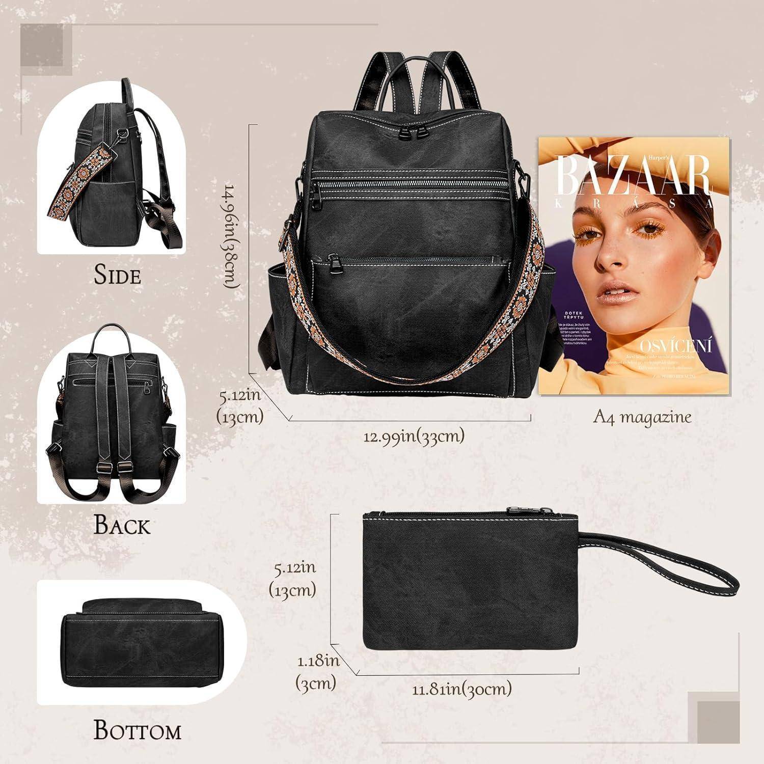 Schwarzer Rucksack mit Abmessungen: Seite (5,12 Zoll), Rückseite (12,99 Zoll), Boden (11,81 Zoll). Enthält kleine Tasche. Verglichen mit einem Magazin.