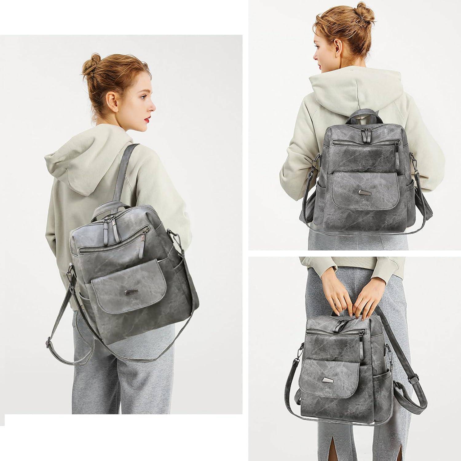 Rucksack Damen wasserdicht diebstahlsicher PU Leder leicht Grau