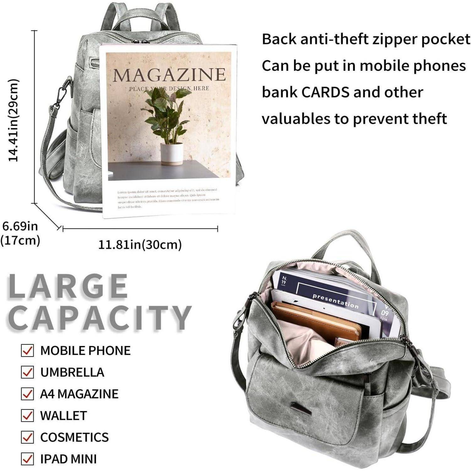 Grauer Rucksack mit Diebstahlschutz-Rückentasche. Das Hauptfach fasst Handy, Regenschirm, Zeitschrift, Geldbörse, Kosmetik, iPad Mini.