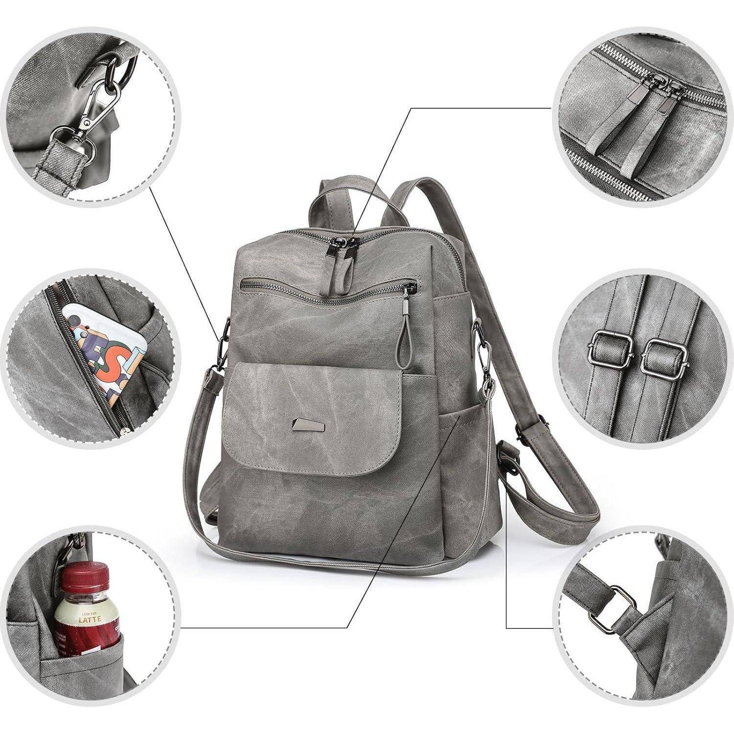 Grauer Rucksack mit mehreren externen Taschen, verschließbaren Reißverschlüssen, verstellbaren Trägern und Fächern; zu sehen, wie er ein Getränk und eine Zeitschrift trägt.