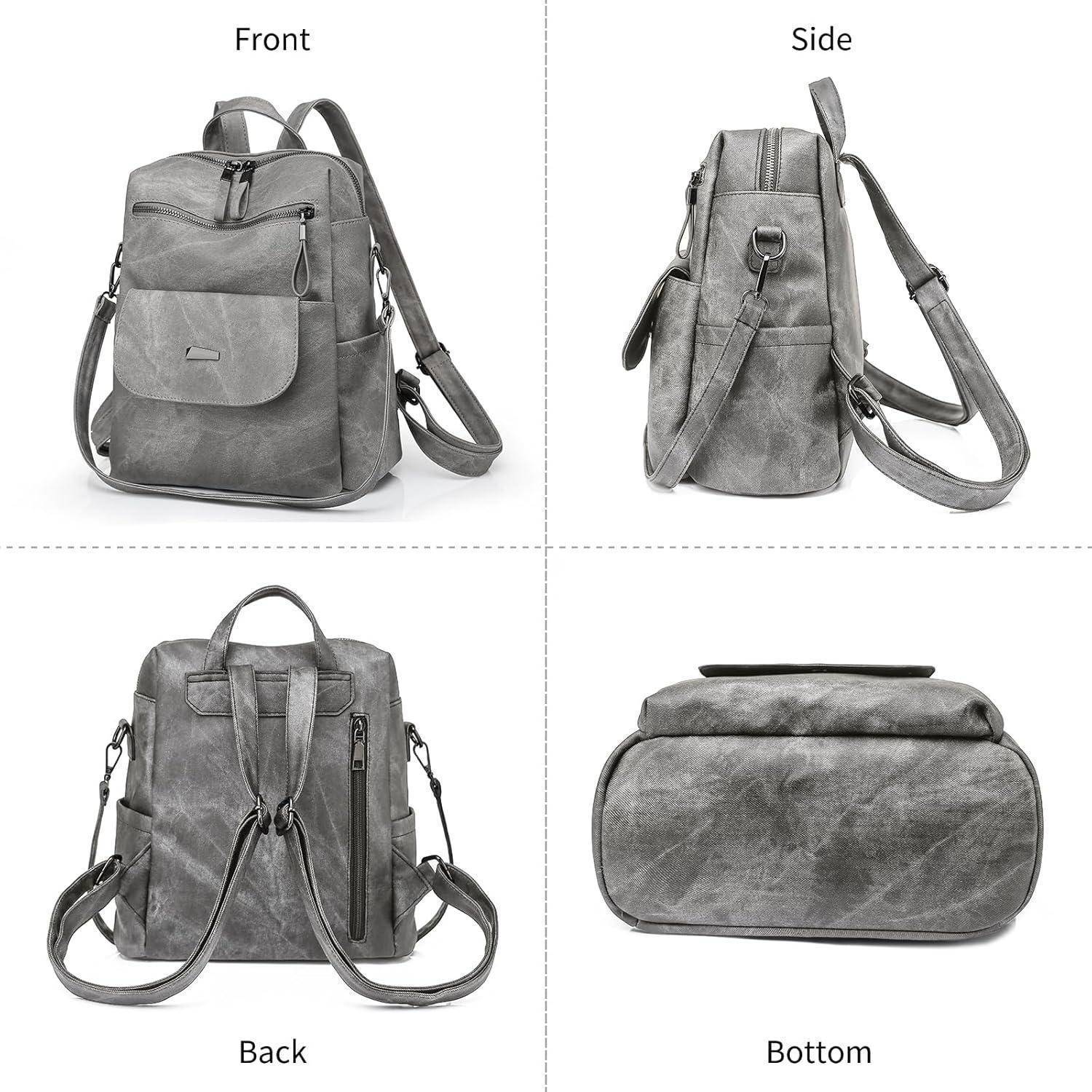Grauer Rucksack - Ansichtswinkel: vorne, seitlich, hinten, unten. Merkmale umfassen eine Fronttasche, seitliche Reißverschlüsse, verstellbare Träger und einen Griff.