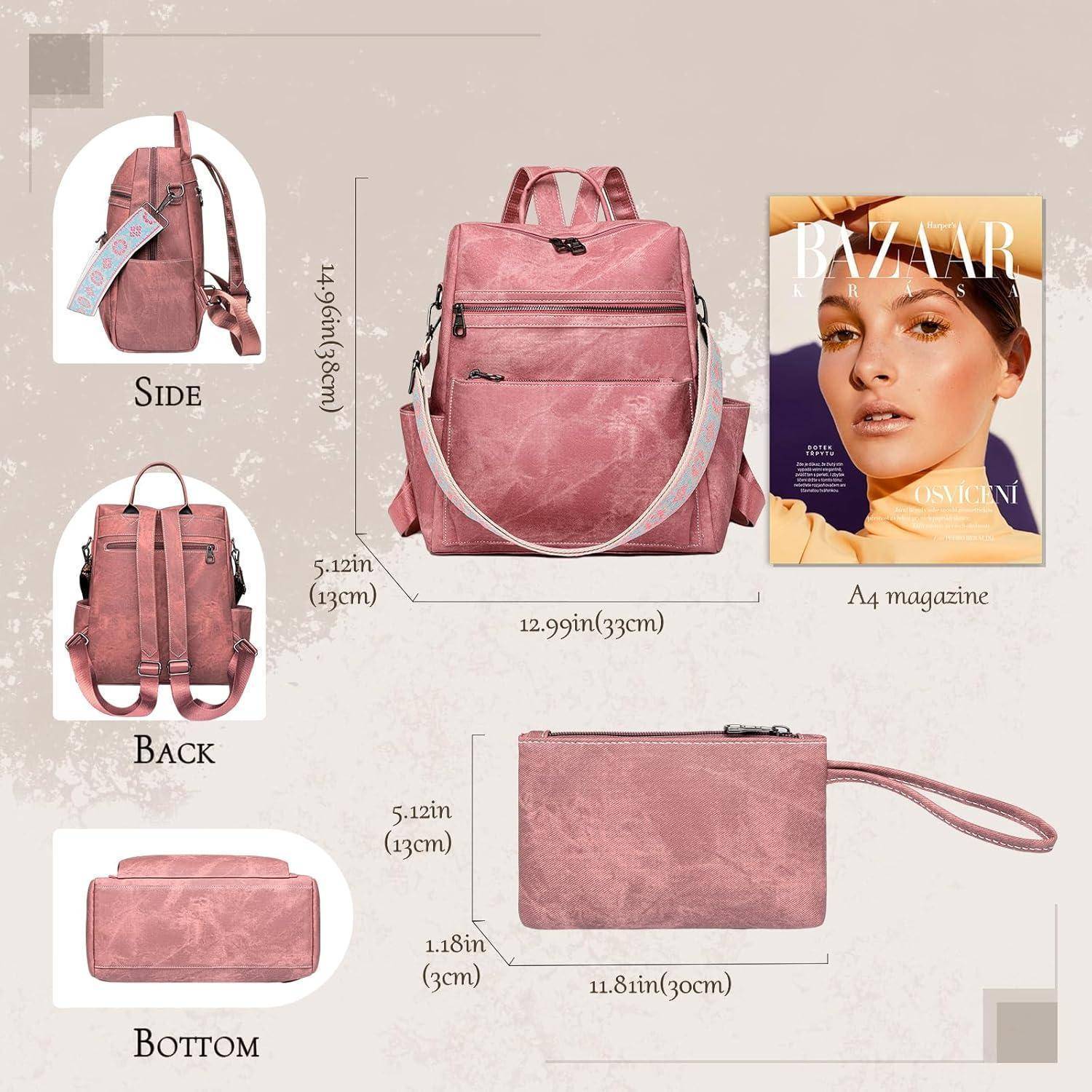 Rosa Rucksack und Täschchen-Set aus verschiedenen Blickwinkeln, daneben ein A4-Magazin zur Größenvergleich. Rucksack-Abmessungen: 33 x 30 x 13 cm. Täschchen: 30 x 21 cm.