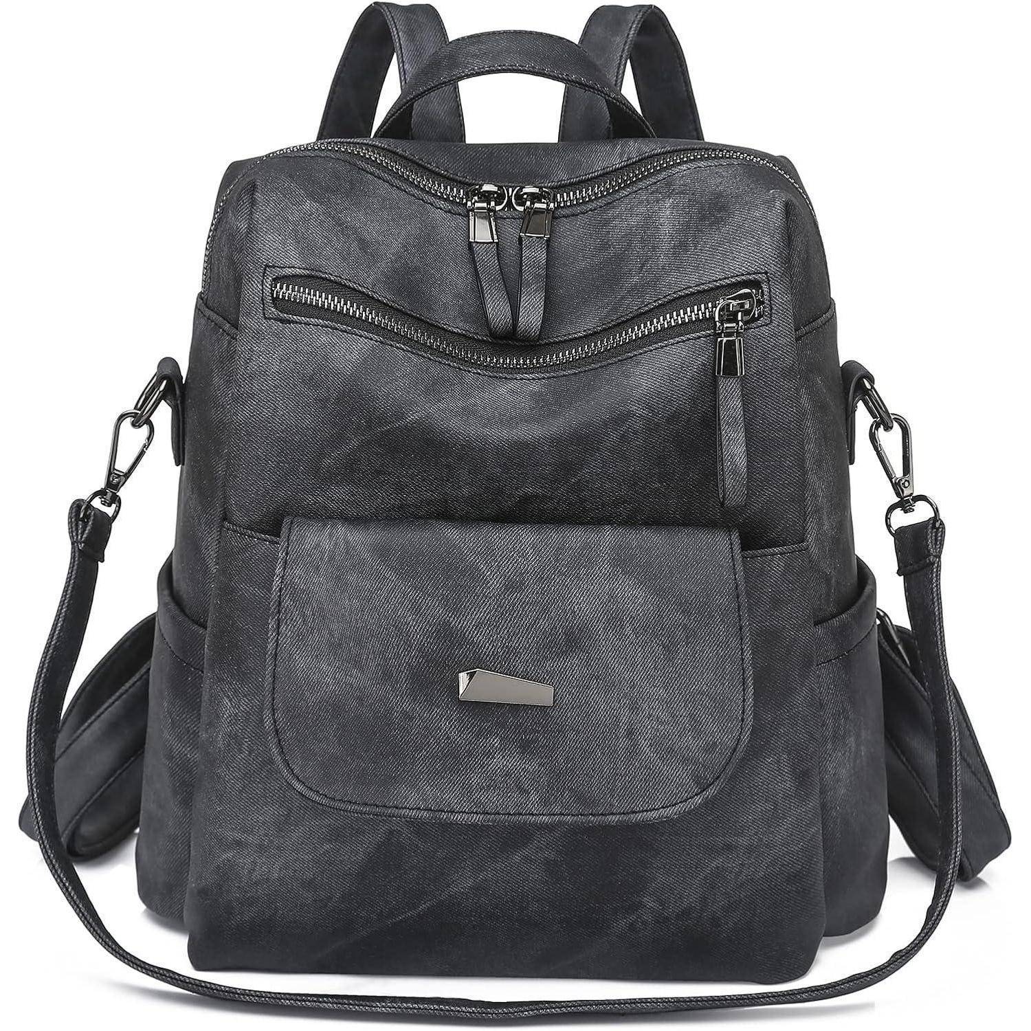 Ein stilvoller schwarzer Lederrucksack mit mehreren Taschen und verstellbaren Trägern, der sowohl Praktikabilität als auch Mode vereint.