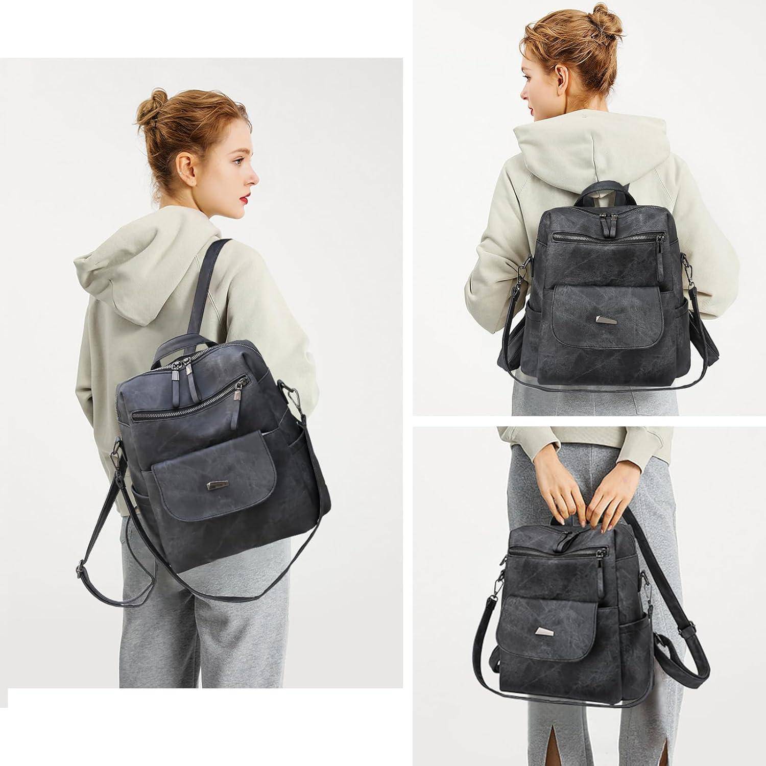 Frau, die einen grauen Rucksack aus verschiedenen Perspektiven modelt: Seite, Rückseite und Vorderseite. Der Rucksack verfügt über mehrere Fächer und ein schlankes Design.