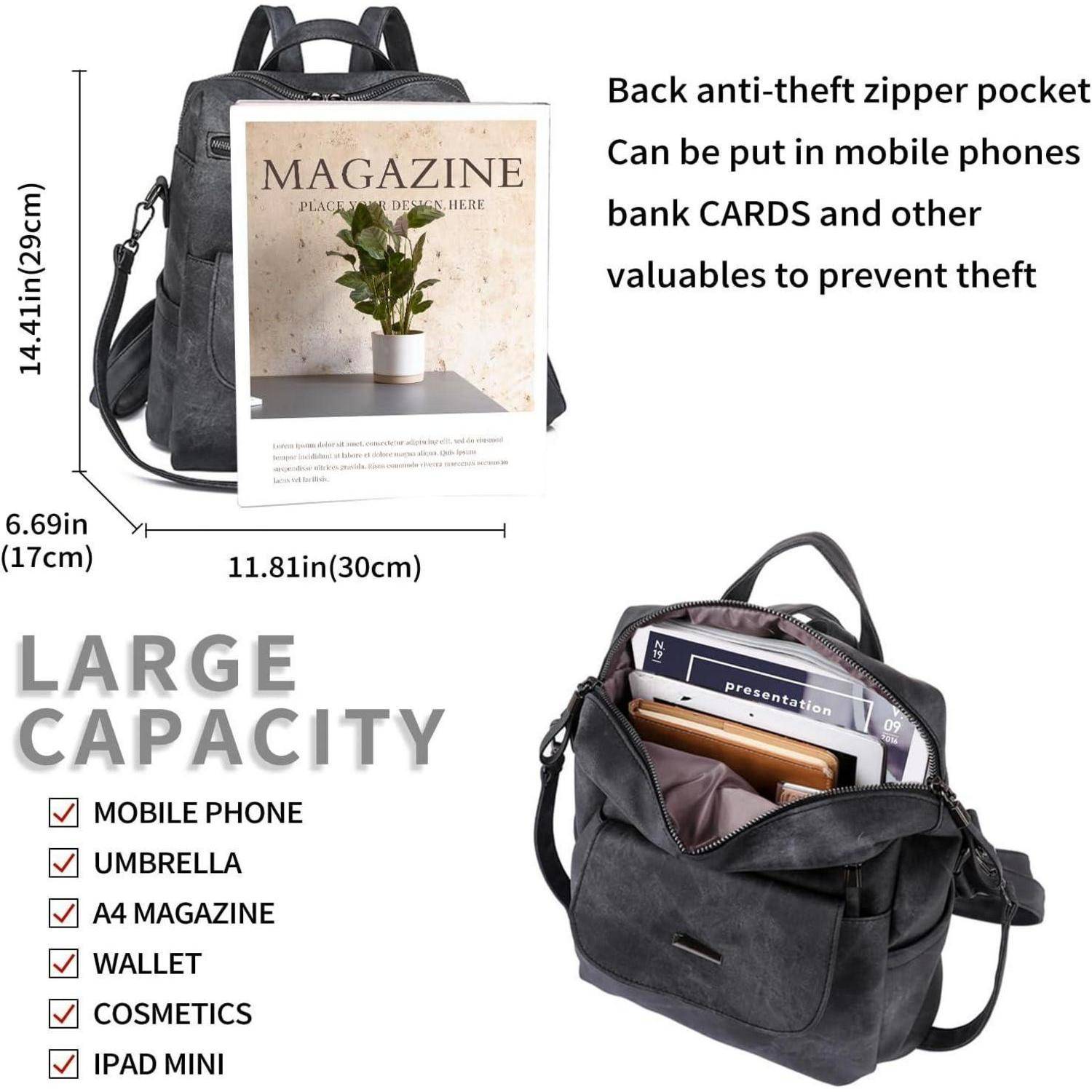 Schwarzer Rucksack mit großem Fassungsvermögen für Mobiltelefon, Regenschirm, A4-Zeitschrift, Geldbörse, Kosmetik und iPad mini. Ausgestattet mit einer diebstahlsicheren Reißverschlusstasche auf der Rückseite für Wertsachen.