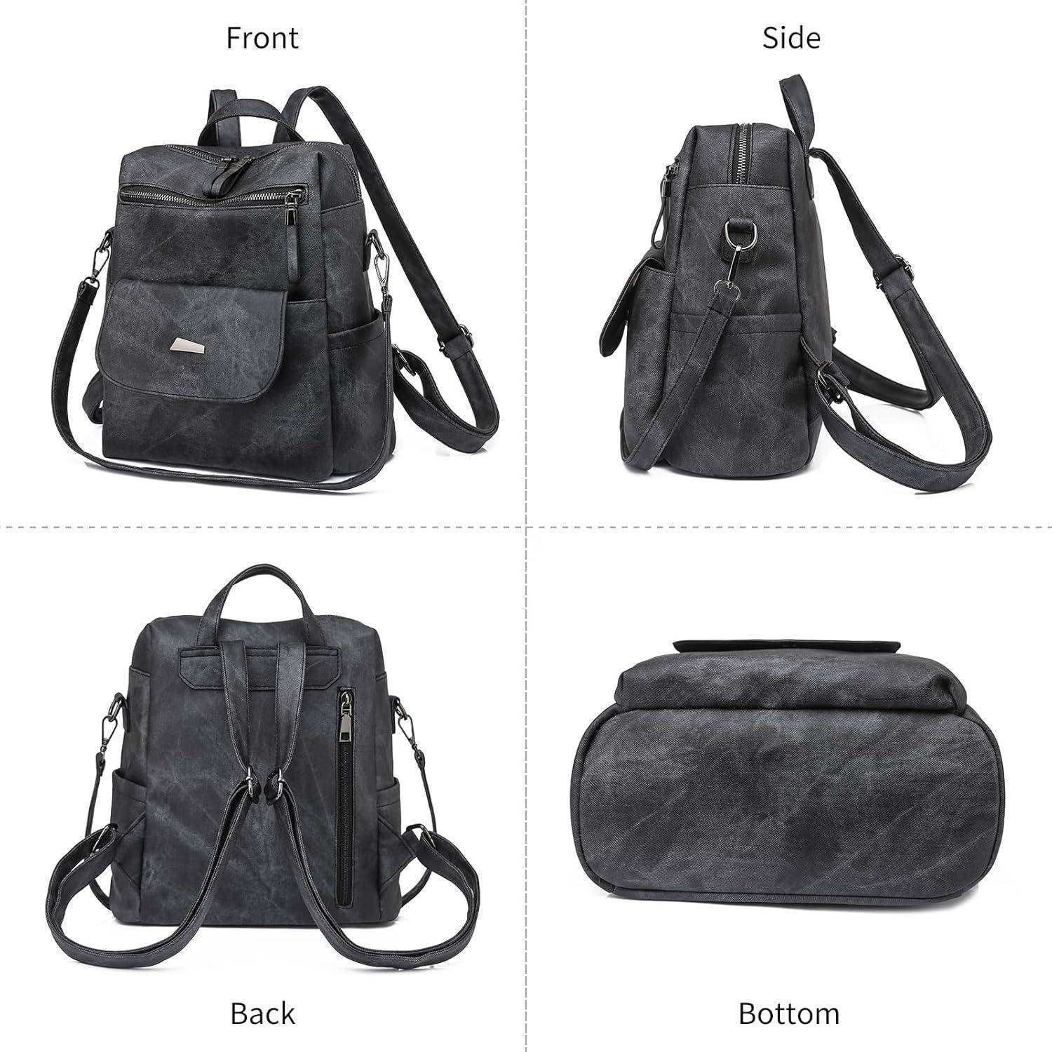 Vier Ansichten eines schwarzen Rucksacks: Vorderseite, Seite, Rückseite und Unterseite. Der Rucksack verfügt über verstellbare Träger, mehrere Taschen und einen Reißverschluss-Verschluss.