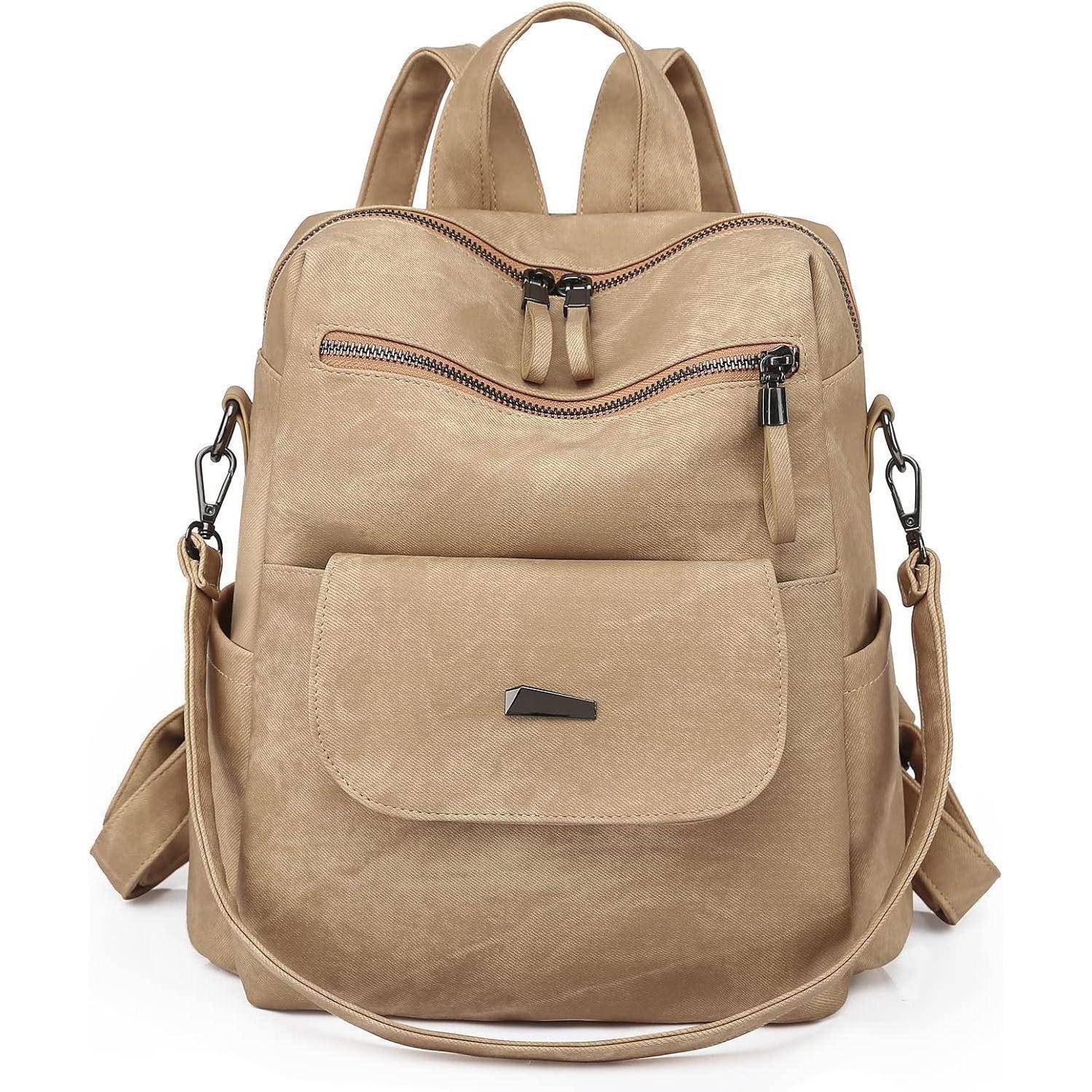 Tan-Lederrucksack mit mehreren Reißverschlusstaschen, verstellbaren Trägern und einer Frontklappe mit Tasche. Geeignet für lässige Anlässe oder den Schulgebrauch.