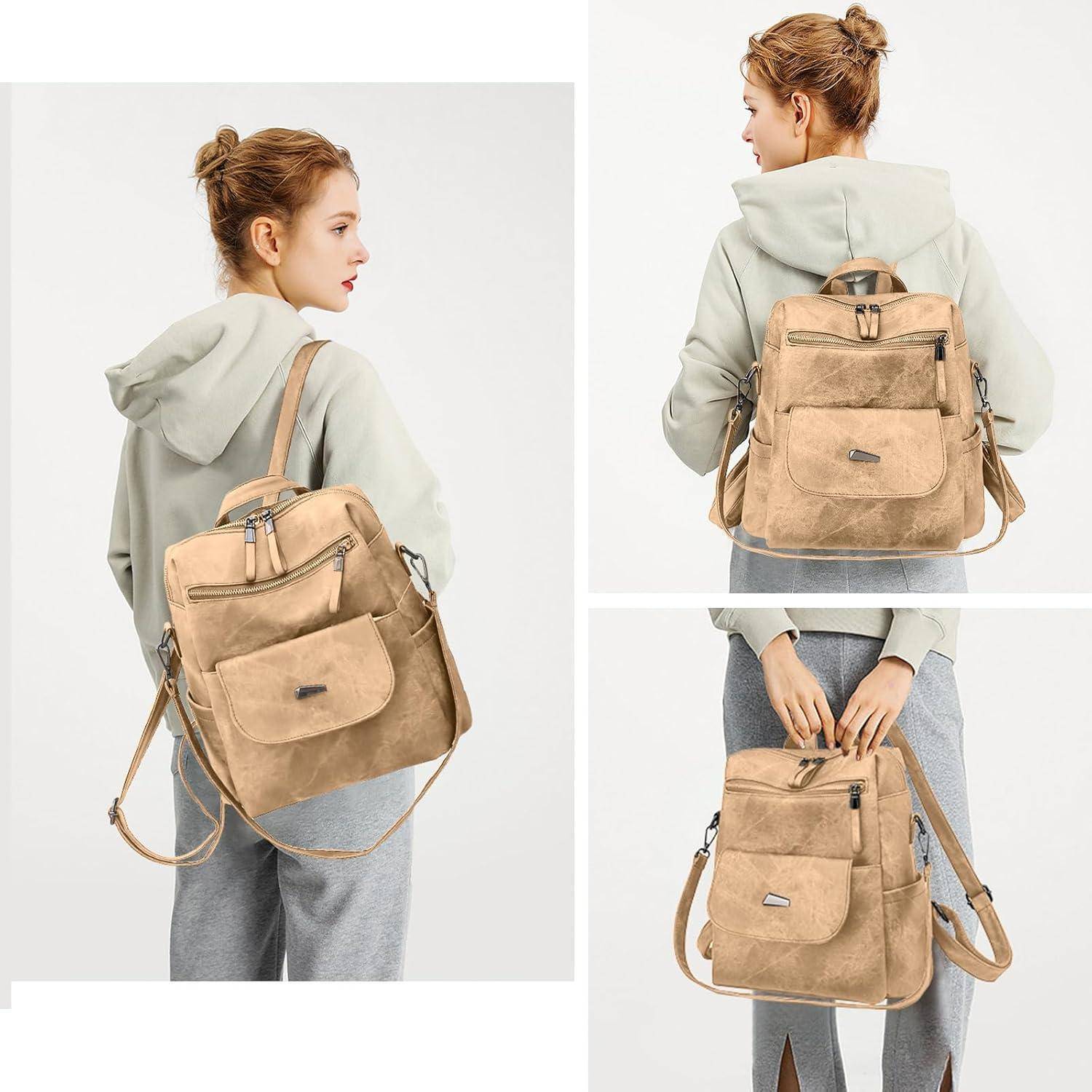 Eine Person mit einem Rucksack wird aus verschiedenen Blickwinkeln gezeigt, wobei ihre Taschen und Riemen hervorgehoben werden. Die Umgebung ist lässig mit neutralen Tönen.