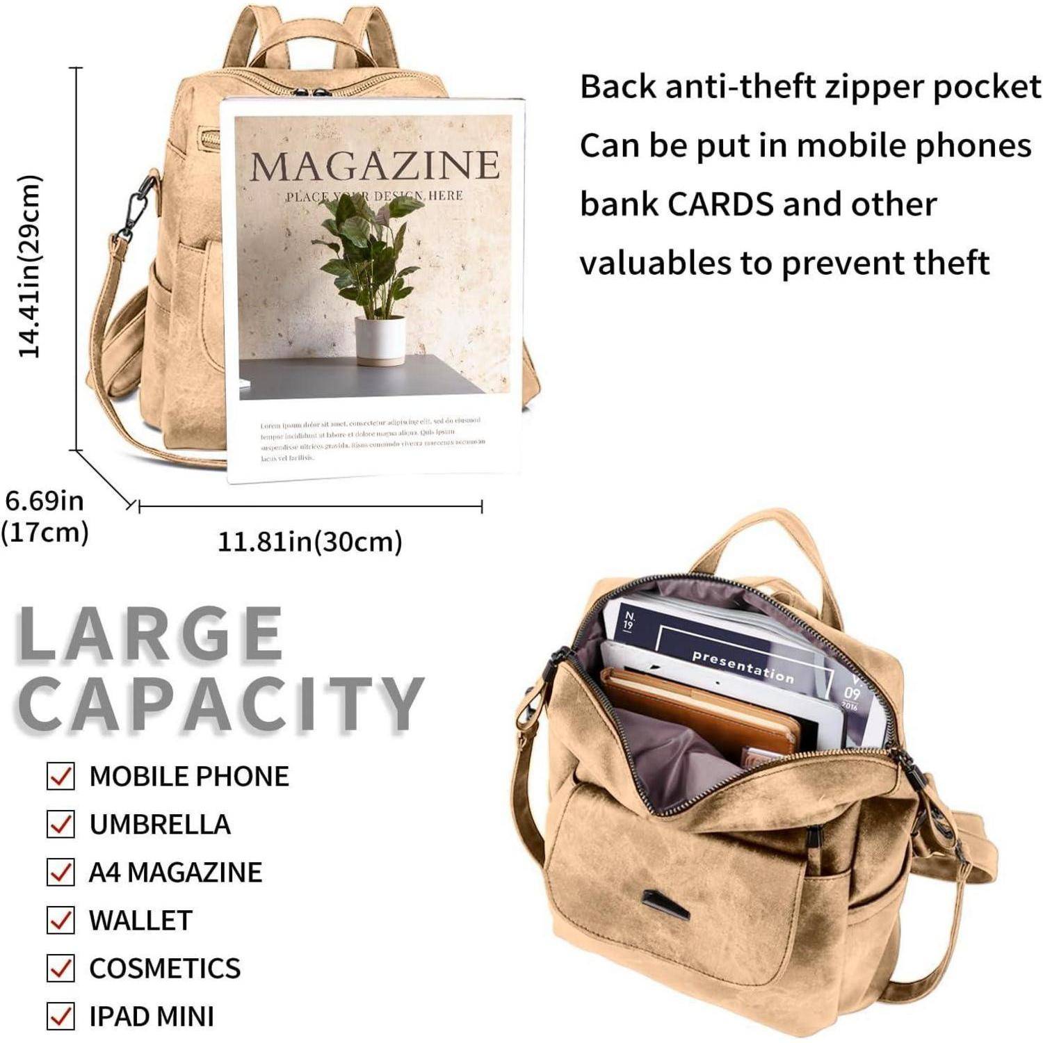 Ein beiger Rucksack mit einer Zeitschrift im Inneren, mit Funktionen wie großem Fassungsvermögen für Handy, Regenschirm, Geldbörse, iPad mini; Rückseite mit Diebstahlschutz-Tasche.