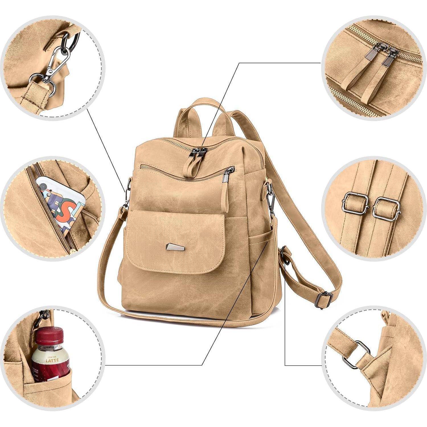 Brauner Rucksack mit Schultergurten, großer Vordertasche, Reißverschlüssen, Seitentasche für Wasserflasche und sicheren Metallverschlüssen, die in kreisförmigen Einblendungen hervorgehoben sind.