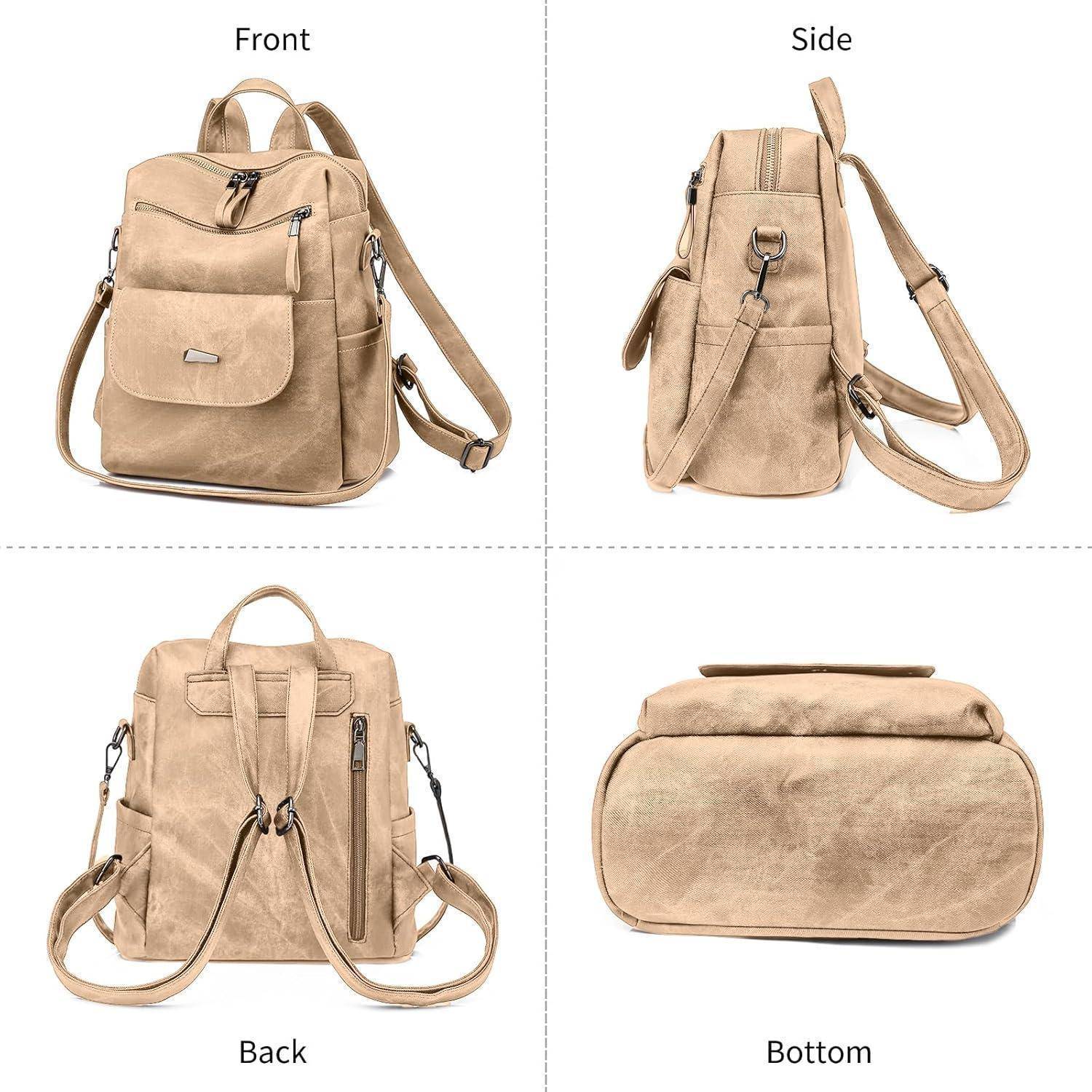 Ein beiger Rucksack, dargestellt aus Vorder-, Seiten-, Rück- und Unteransicht, mit hervorgehobenen verstellbaren Trägern, mehreren Fächern und Reißverschlüssen.