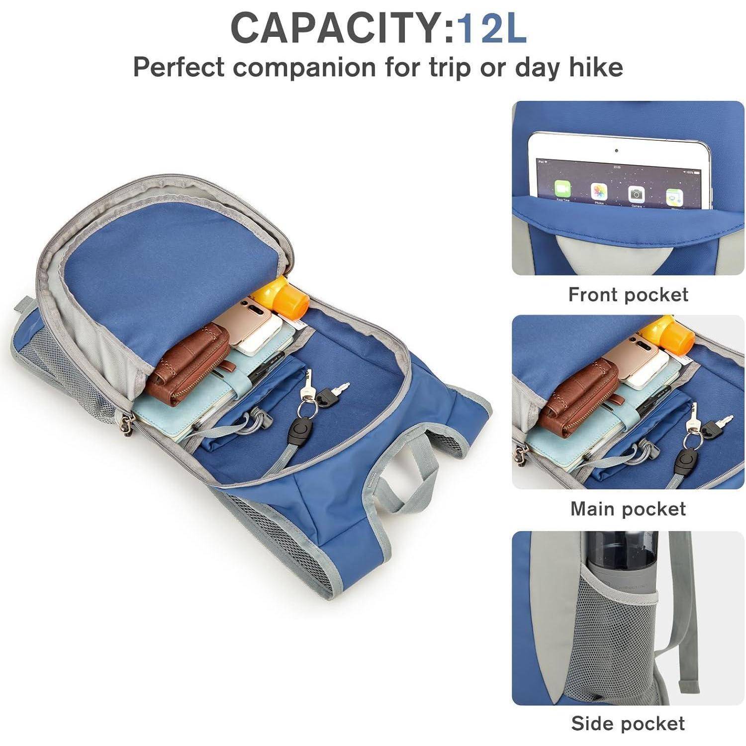 Rucksack 12L Faltbar Wanderrucksack Damen Herren Outdoor Blau Grau