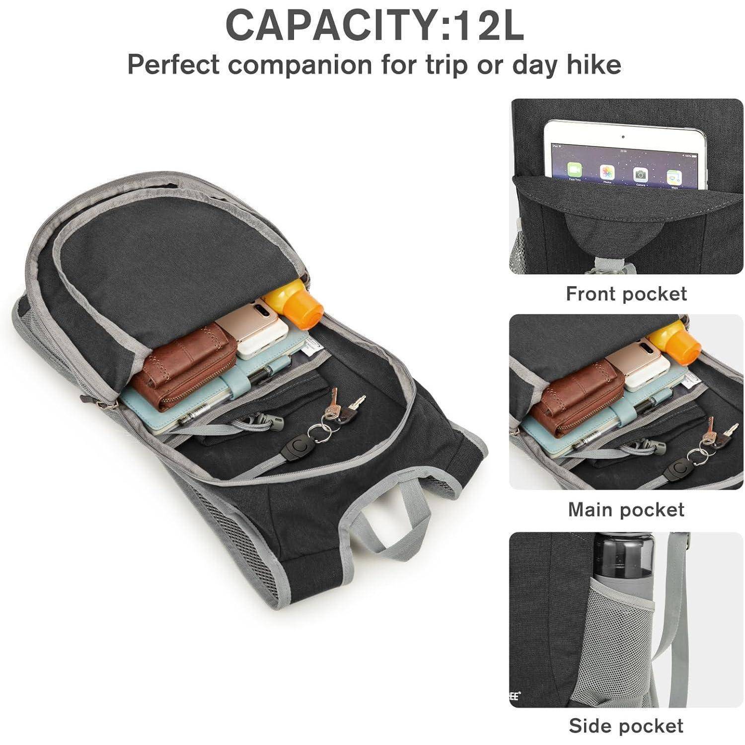 Rucksack 12L faltbar leicht Daypack Wandern Camping Dunkelgrau