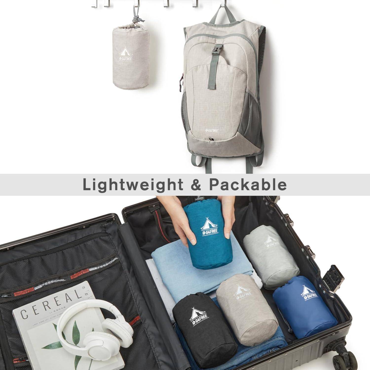 Leichter & zusammenlegbarer Rucksack, der an einer Aufhängung hängt und in einem Koffer mit Reisezubehör verpackt ist.