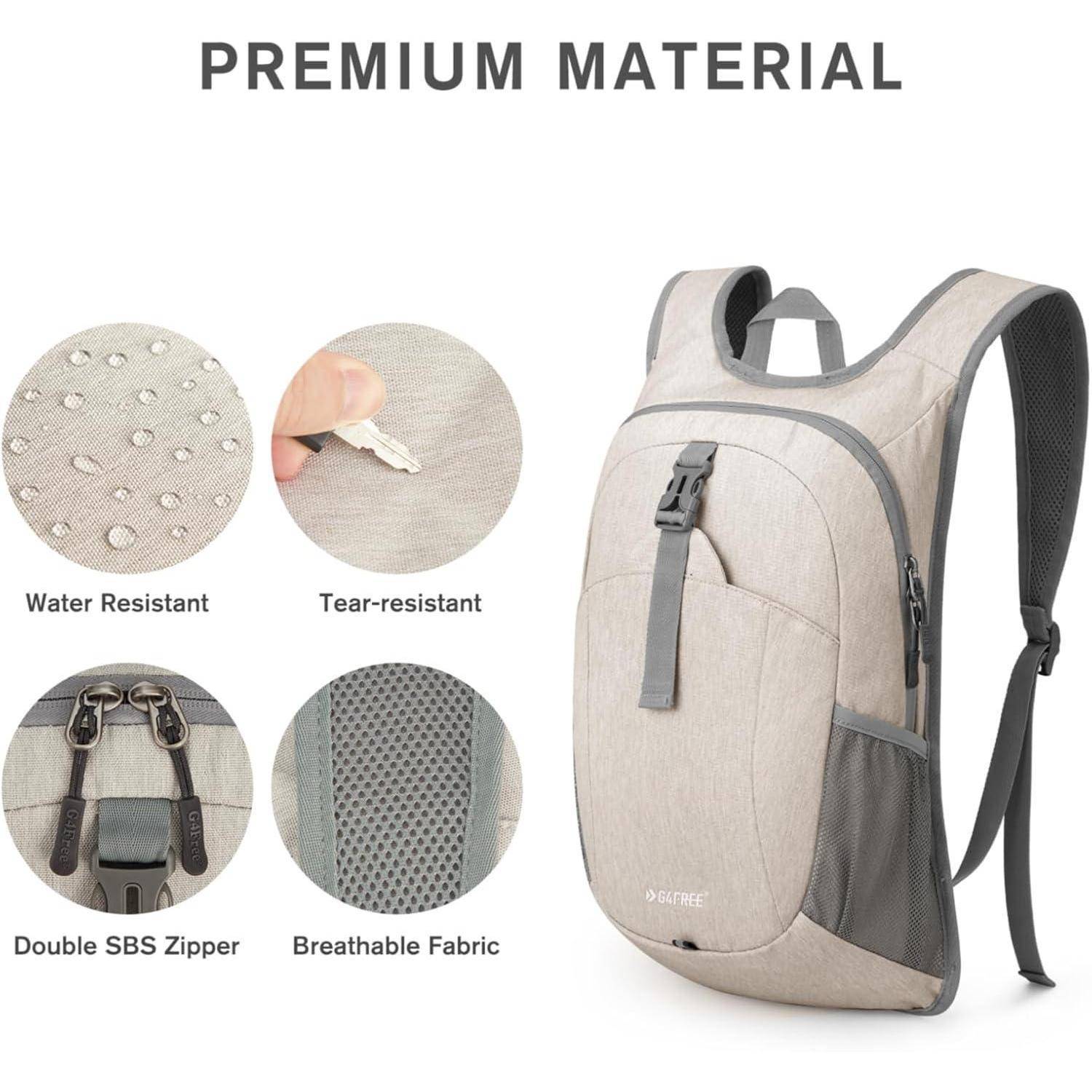 Ein beiger Rucksack mit der Aufschrift 