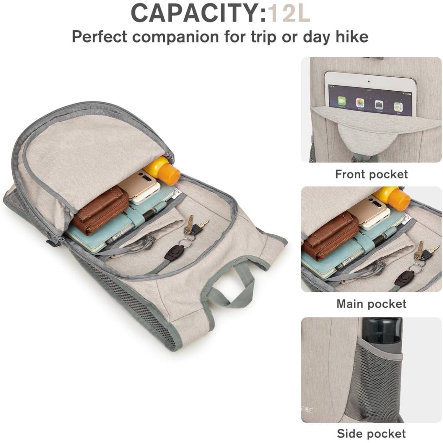 Ein grauer Rucksack mit einem Fassungsvermögen von 12 Litern, in dem ein Laptop, Schlüssel und eine Brieftasche in den Hauptfächern, vorderen und seitlichen Taschen zu sehen sind. Text lautet: ‚Perfekter Begleiter für Reise oder Tageswanderung.