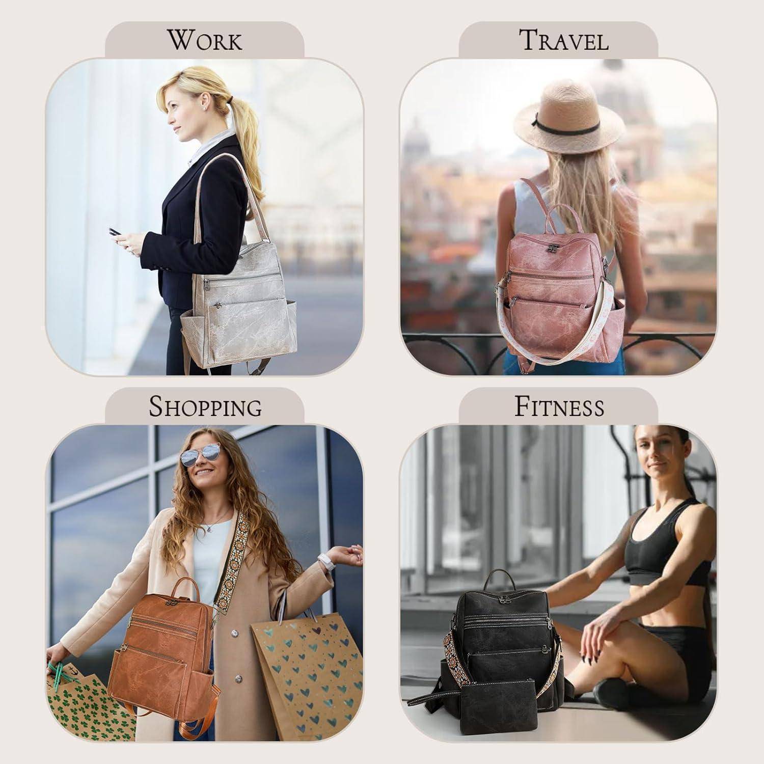 Bild zeigt vier Szenarien mit Frauen, die Rucksäcke tragen: 'Arbeit' zeigt eine Frau in Businesskleidung, 'Reisen' präsentiert eine Frau mit Hut, 'Einkaufen' stellt eine lässige Frau mit Sonnenbrille dar, und 'Fitness' zeigt Frauen in Sportkleidung. Jede trägt einen zur jeweiligen Aktivität passenden, modischen Rucksack.