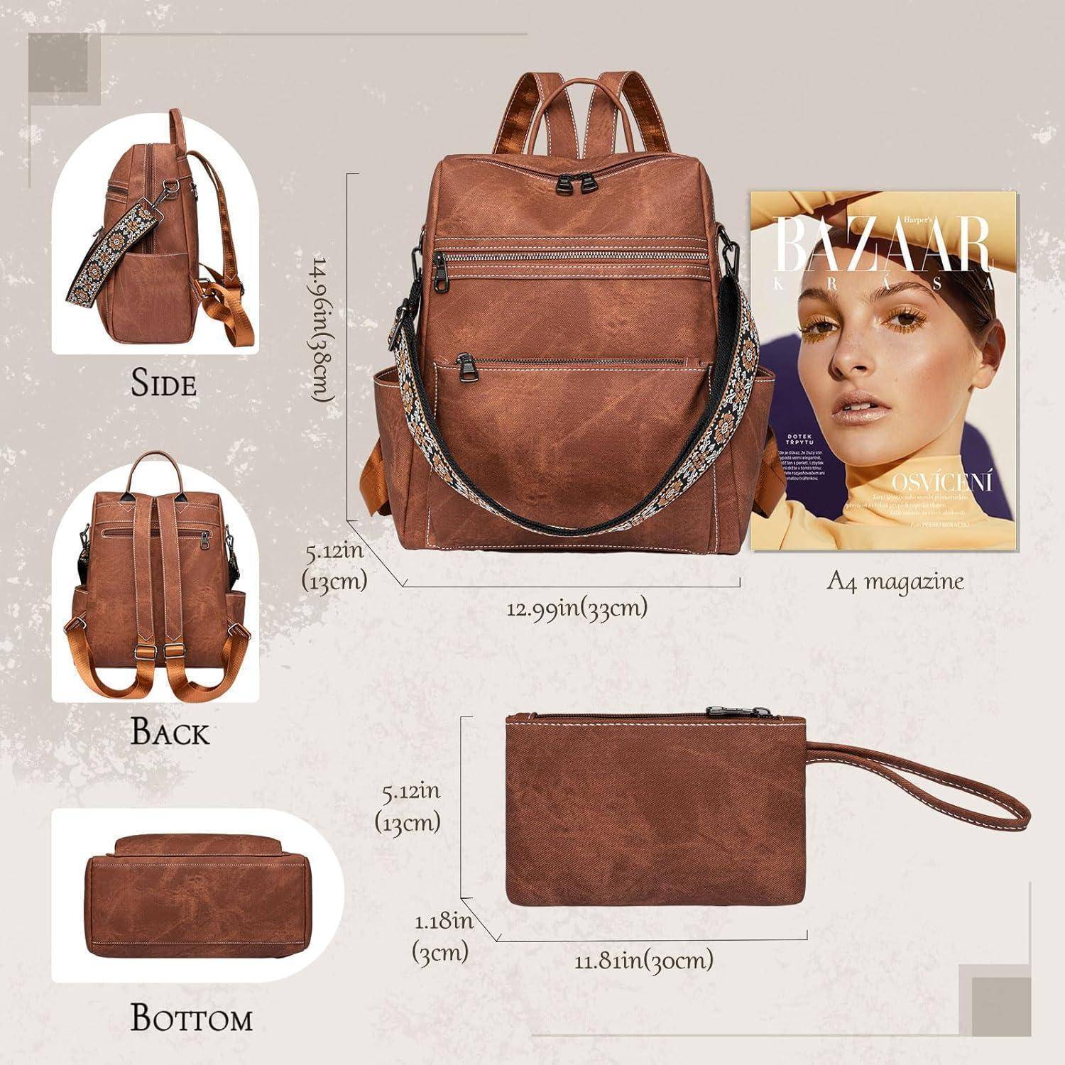 Brauner Lederrucksack mit gemustertem Gurt, von vorne, der Seite, hinten und von unten gezeigt. Enthält Maße und einen Vergleich mit einem A4-Magazin. Passende Clutch-Größe angegeben.