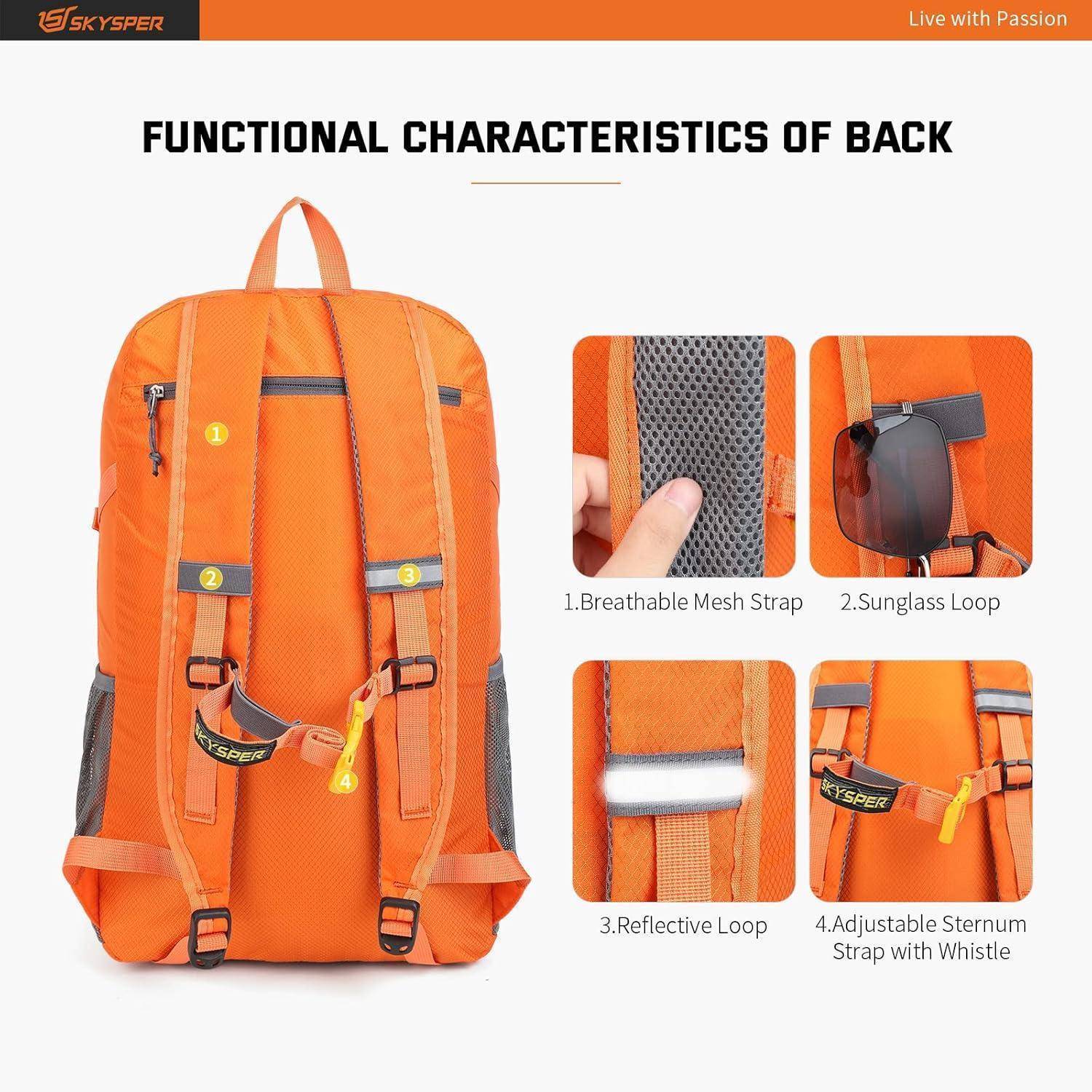 Orangefarbener Rucksack mit ‚Funktionelle Eigenschaften des Rückens', der einen atmungsaktiven Netzriemen, eine Sonnenbrillenschlaufe, eine reflektierende Schlaufe und einen Brustgurt mit Pfeife zeigt.