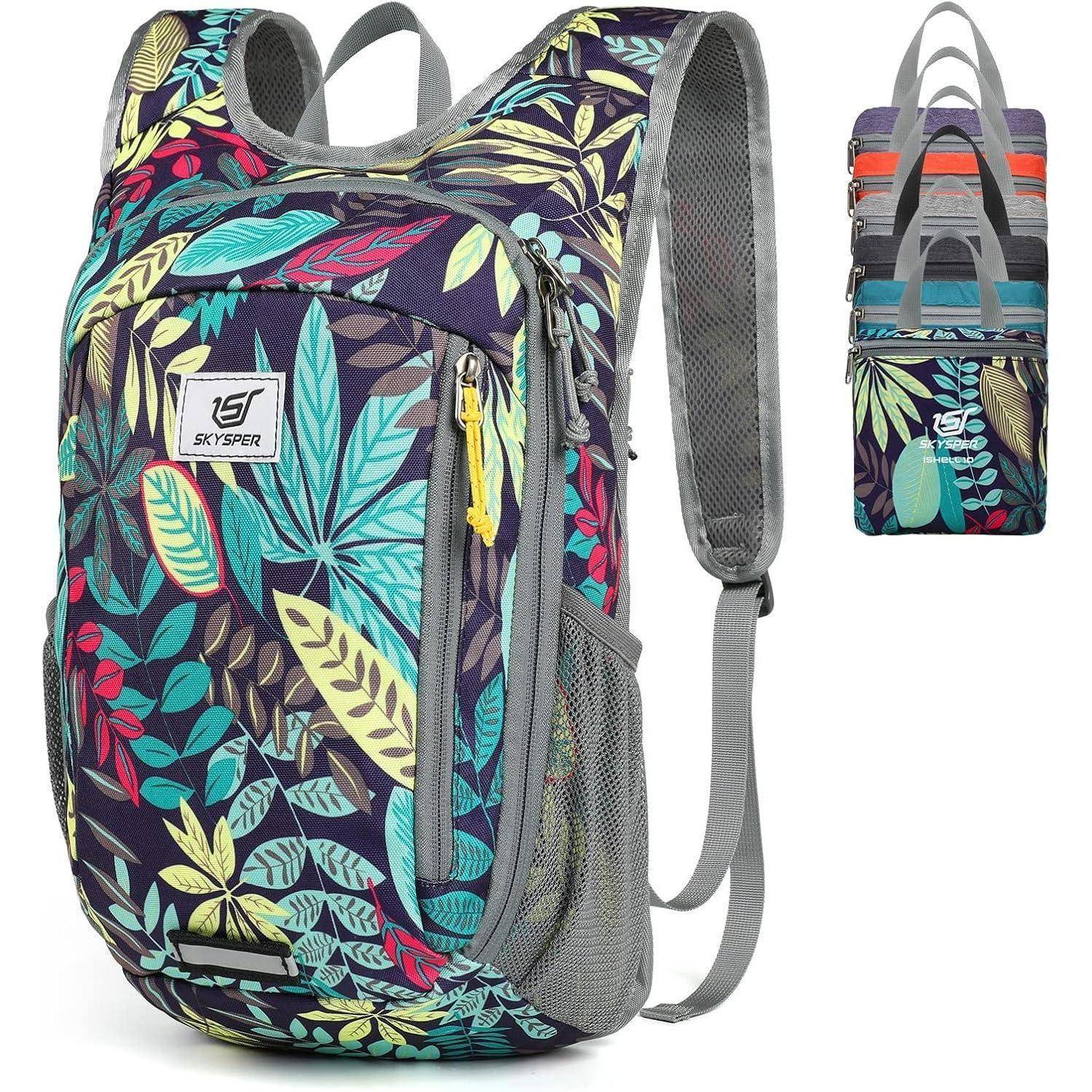 Bunter Rucksack mit tropischem Blättermuster, ausgestattet mit grauen Trägern und einer Vordertasche mit gelbem Reißverschluss; zusätzliche Farben dargestellt.