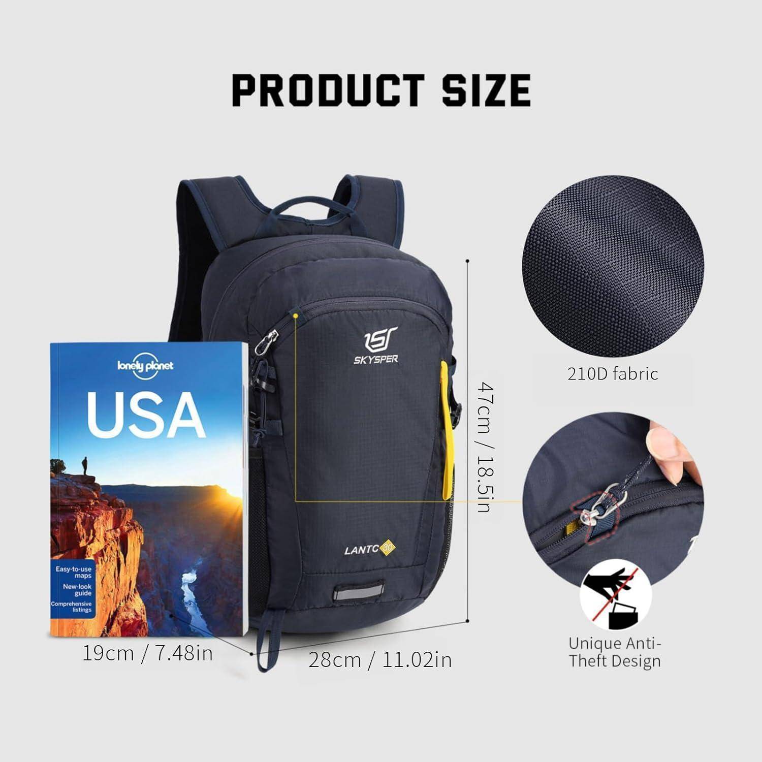 Produktgröße' Abbildung, die einen schwarzen Rucksack mit Abmessungen von 47 cm x 28 cm x 19 cm zeigt, mit 210D Gewebe und einzigartigem Diebstahlschutz-Design.