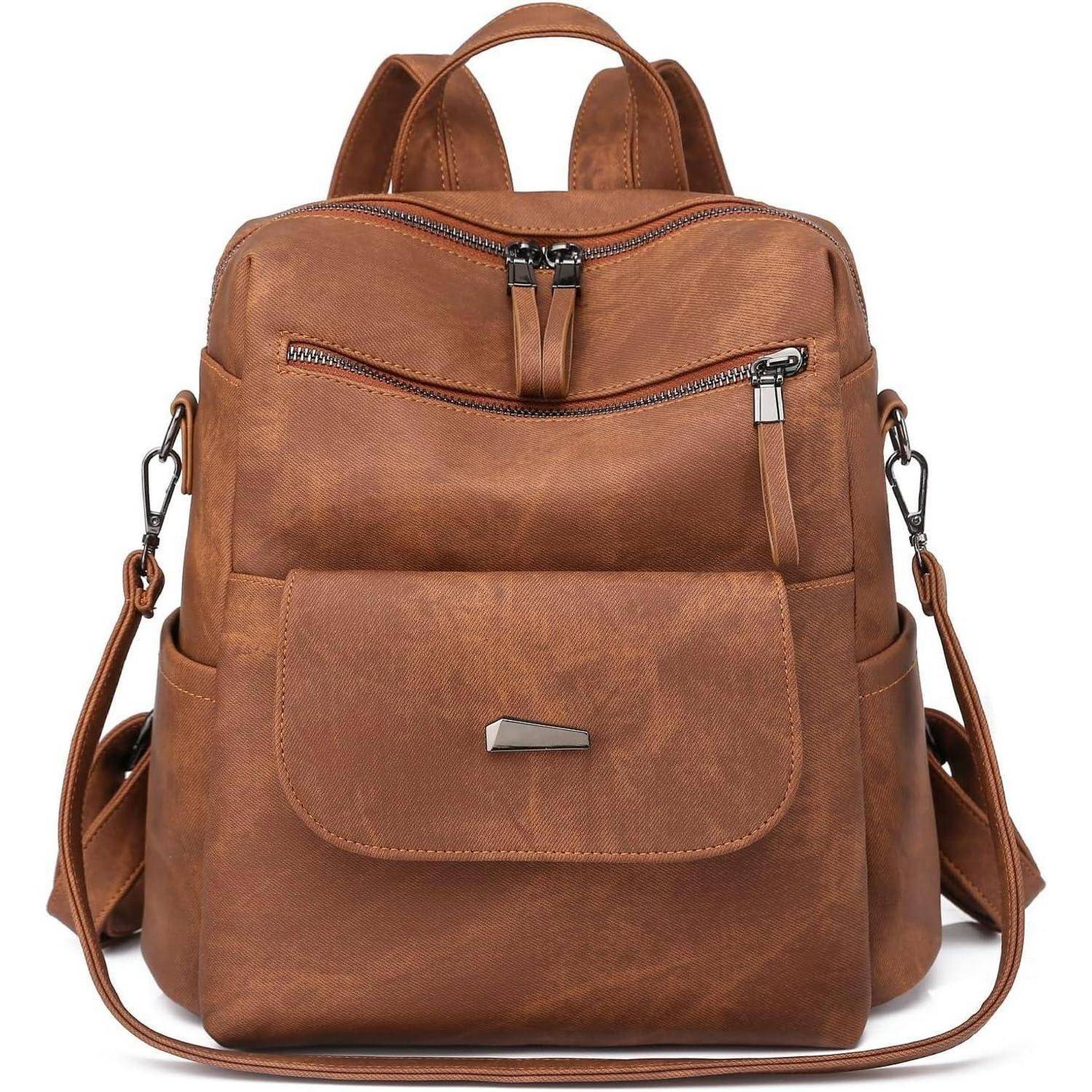 Brauner Lederrucksack mit mehreren Taschen und Tragegriff oben, ausgestattet mit verstellbaren Schultergurten und metallfarbenen Reißverschlussdetails.