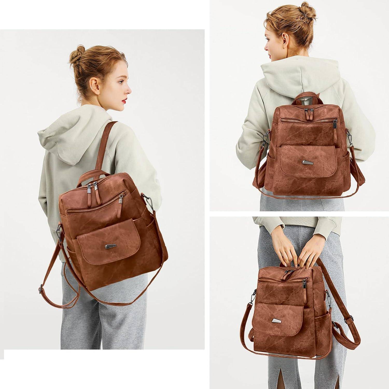 Eine Person mit Kapuzenpullover präsentiert einen braunen Lederrucksack und zeigt dessen Design und Taschen aus verschiedenen Perspektiven.