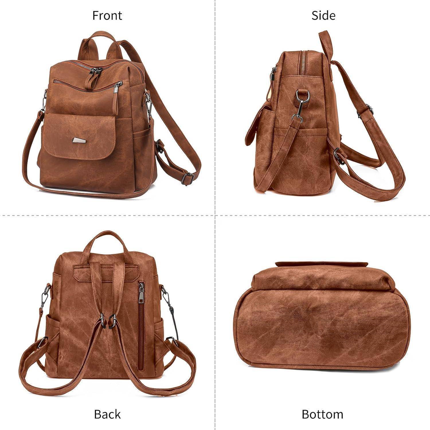 Brauner Lederrucksack, von vorne, der Seite, von hinten und von unten präsentiert, mit mehreren Reißverschlussfächern und verstellbaren Trägern.