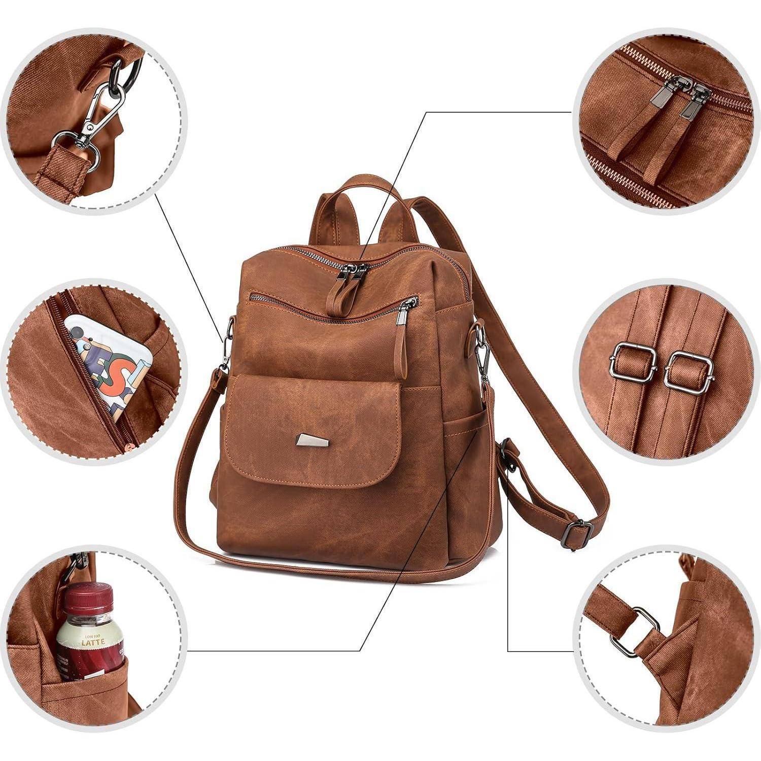 Brauner Lederrucksack mit mehreren Fächern und Funktionen: Reißverschlussfächer, verstellbare Riemen und seitliche Halterungen.