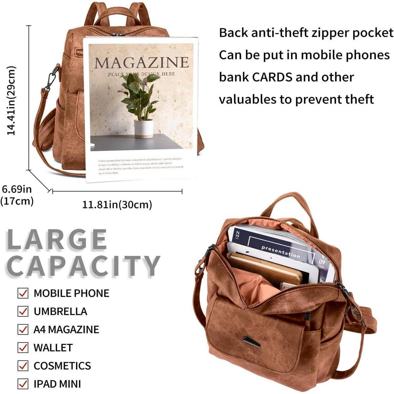 Rucksack Frauen Wasserdicht AntiDiebstahl Leichtgewicht PU Caramel