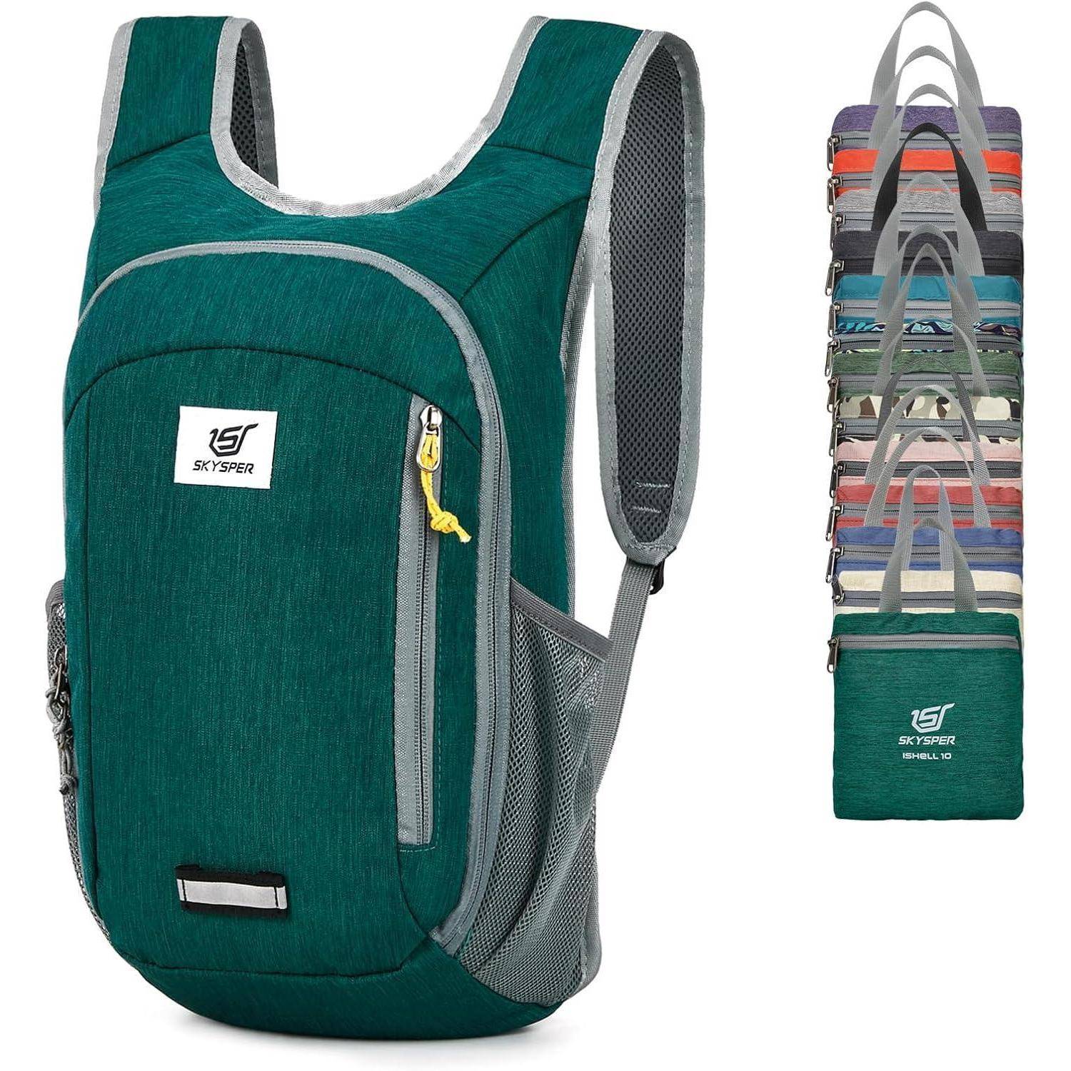 Ein petrolblauer Reiserucksack mit einer Fronttasche und gelber Reißverschlusszunge, präsentiert mit 24 Farboptionen auf der Seite.