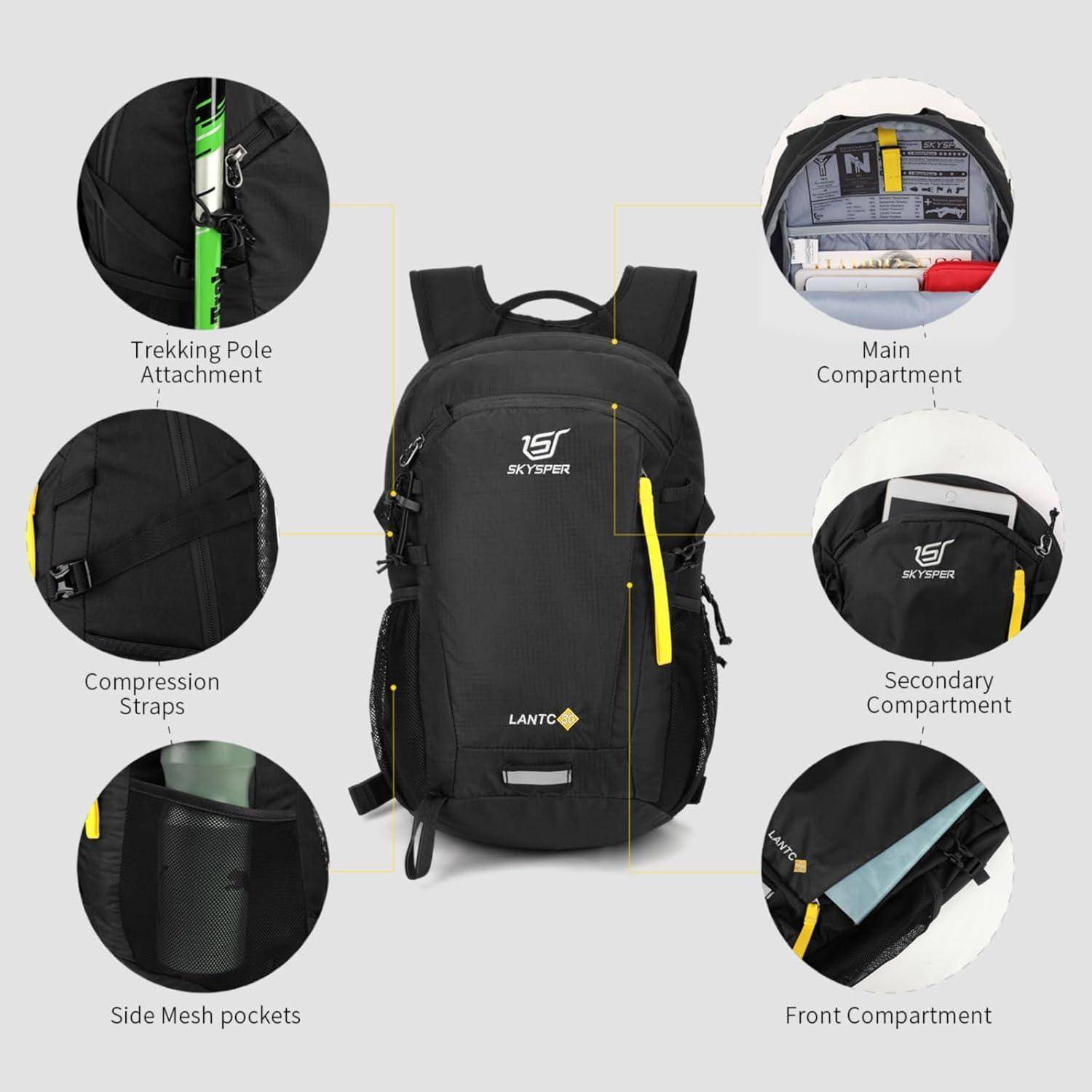 Schwarzer Rucksack mit Befestigungsmöglichkeit für Wanderstöcke, Kompressionsriemen, seitlichen Netztaschen; ausgestattet mit Hauptfach, Nebenfach und vorderen Organizer-Bereich.