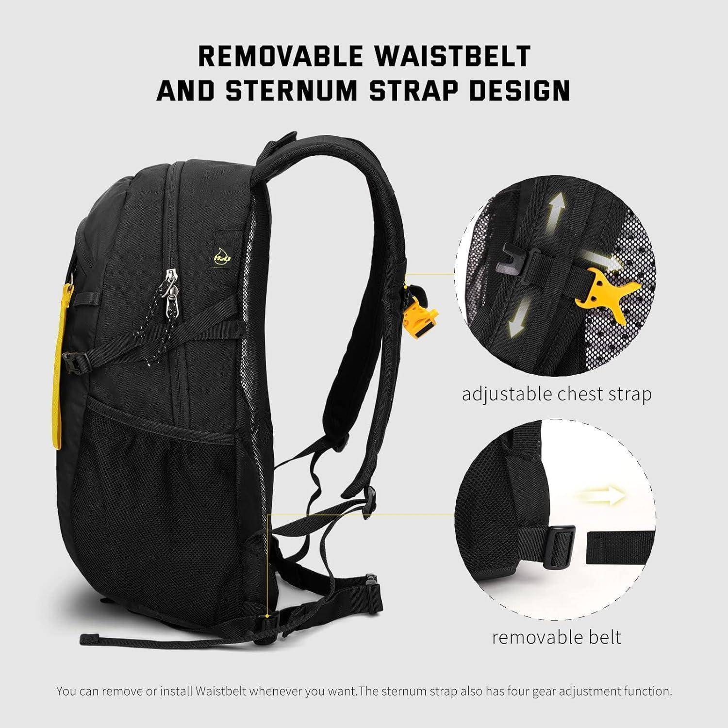 Ein schwarzer Rucksack mit einem 'abnehmbaren Hüftgurt und Brustgurt-Design'. Zu den Funktionen gehören ein verstellbarer Brustgurt und ein abnehmbarer Gürtel für individuelle Anpassung.