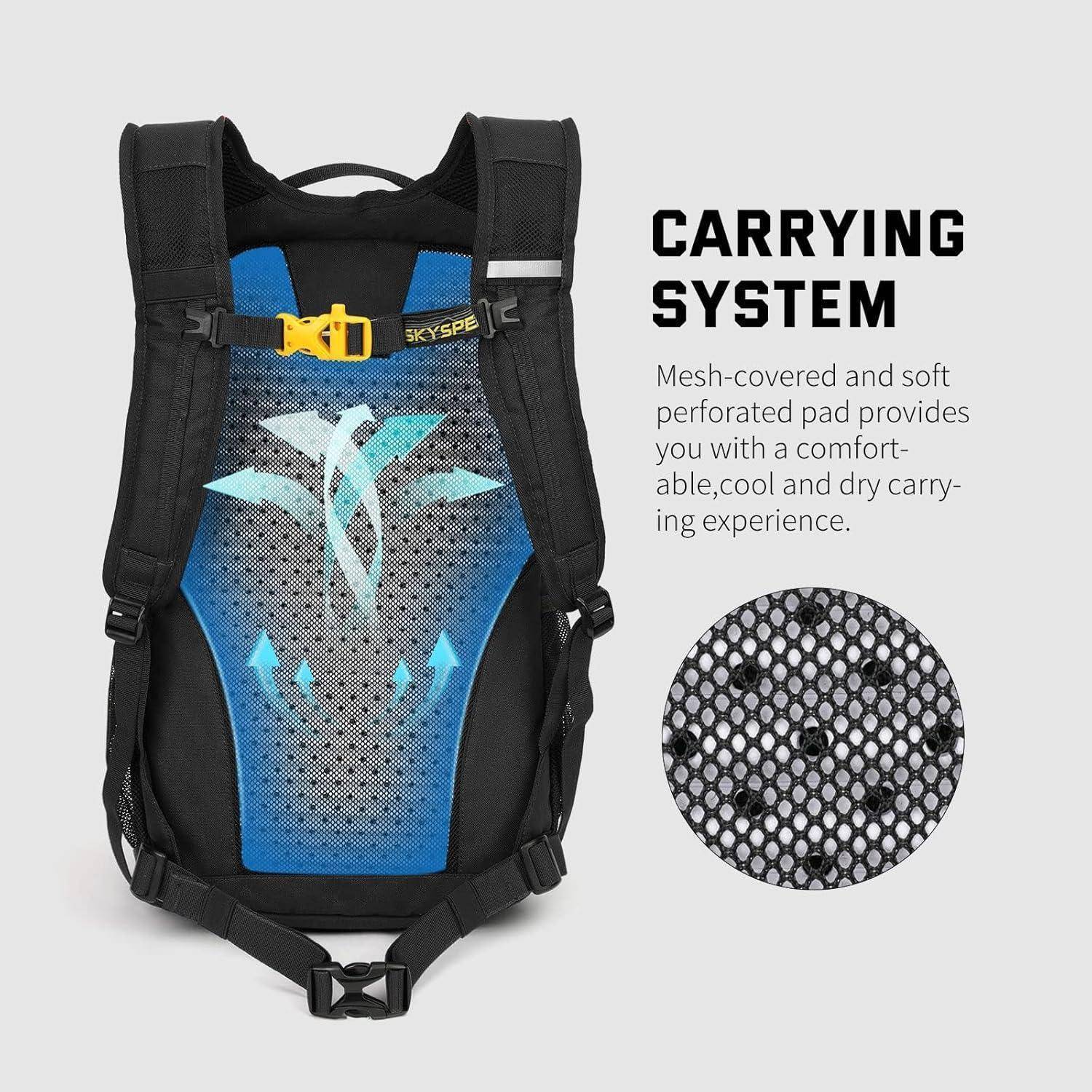 Rucksack mit blau-schwarzem Design verfügt über ein mit Netzstoff bedecktes, durchlöchertes Polster. Text zeigt 'TRAGESYSTEM' und beschreibt Komfort und Belüftung.