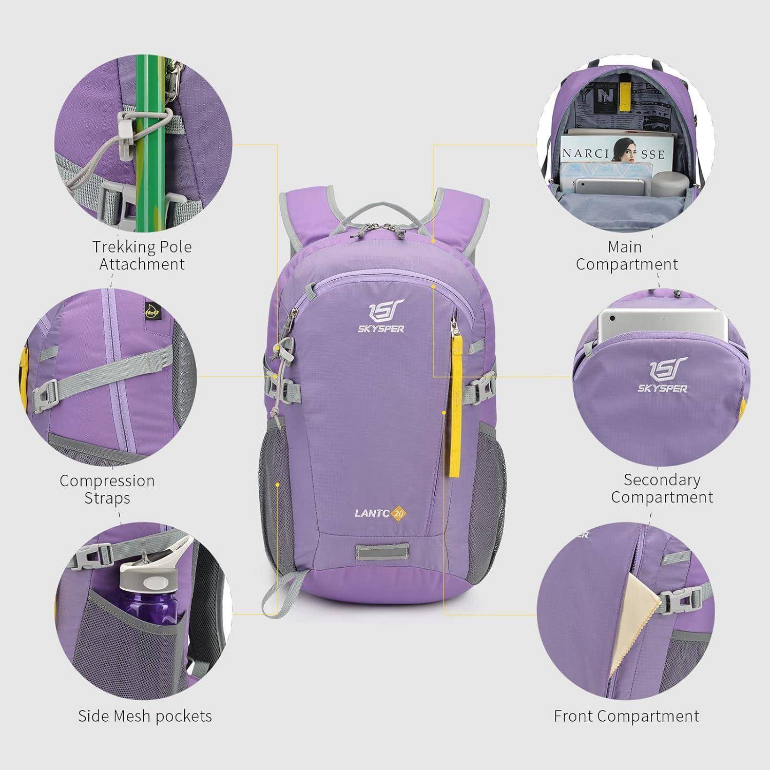 Ein lila Rucksack mit beschrifteten Funktionen: 'Hauptfach', 'Nebenfach', 'Vorderes Fach', 'Kompressionsriemen', 'Seitliche Netztaschen', 'Befestigung für Wanderstöcke'.