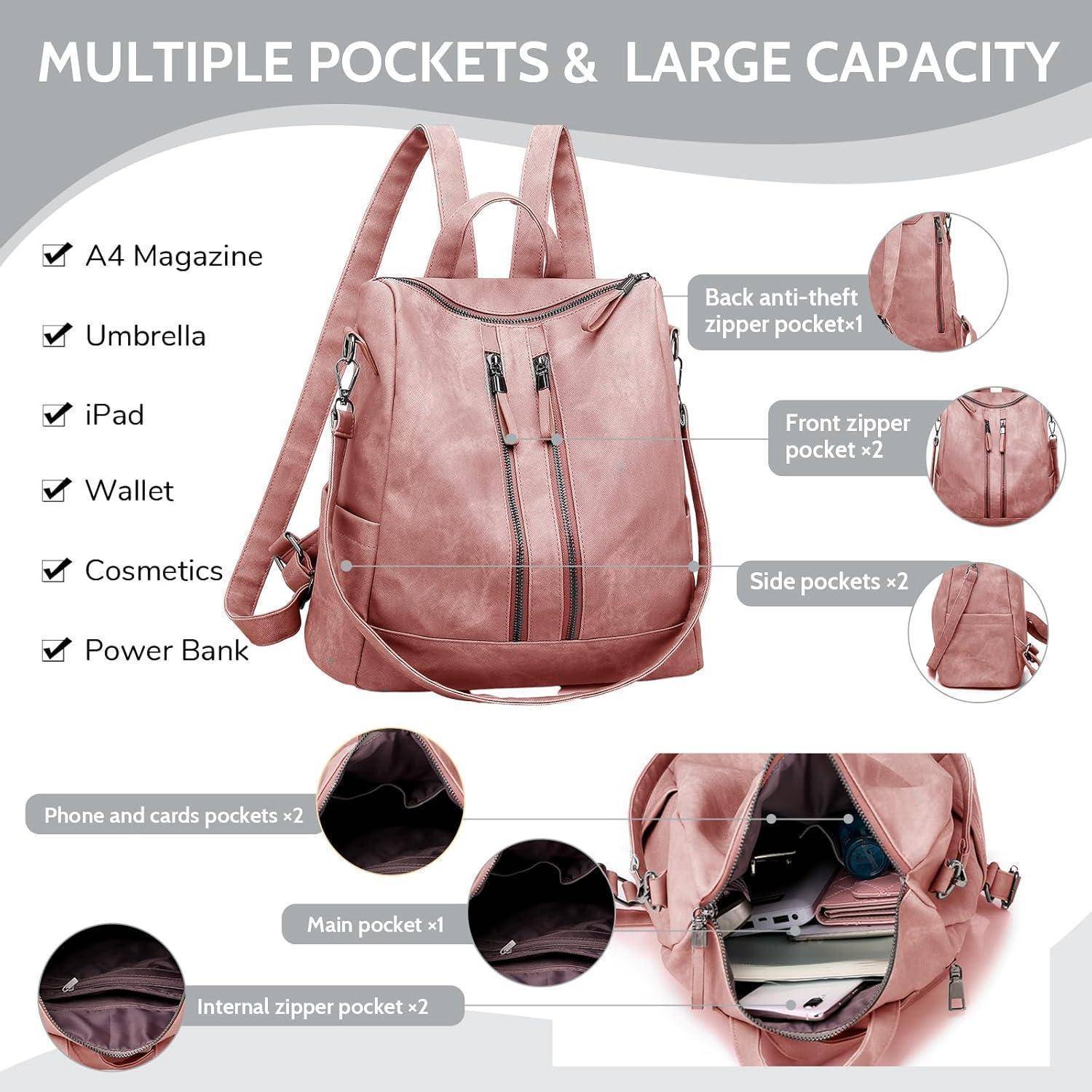 Ein rosa Rucksack mit ‚Mehreren Taschen & Großem Fassungsvermögen'. Beinhaltet Abteile für A4-Magazin, Regenschirm, iPad, Geldbörse, Kosmetik, Powerbank und mehr.