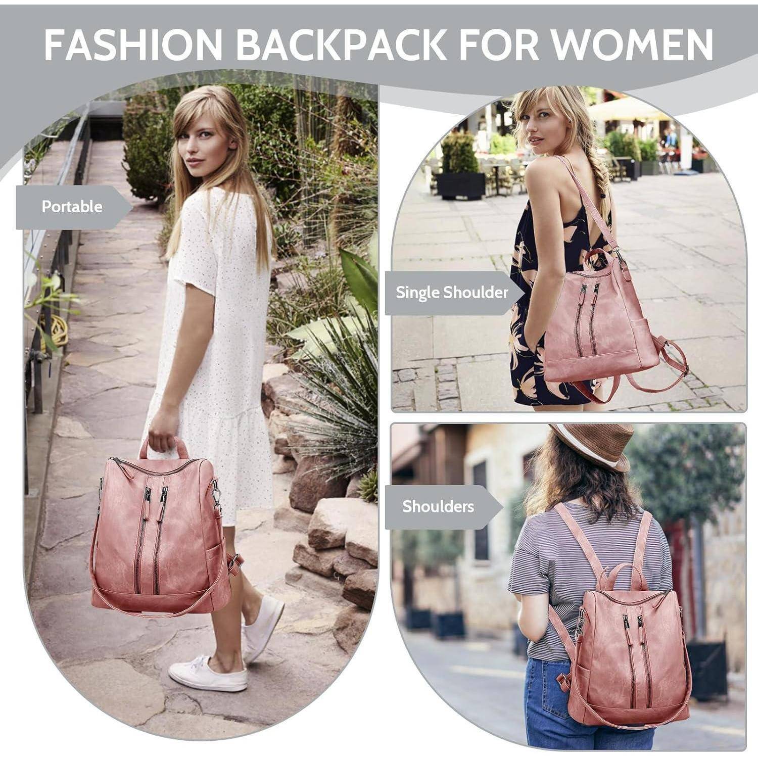 Modischer Rucksack für Frauen: Darstellung der vielseitigen Tragemöglichkeiten - tragbar, über eine Schulter und auf beiden Schultern. Drei Ansichten von Frauen, die den Rucksack in verschiedenen Umgebungen tragen.